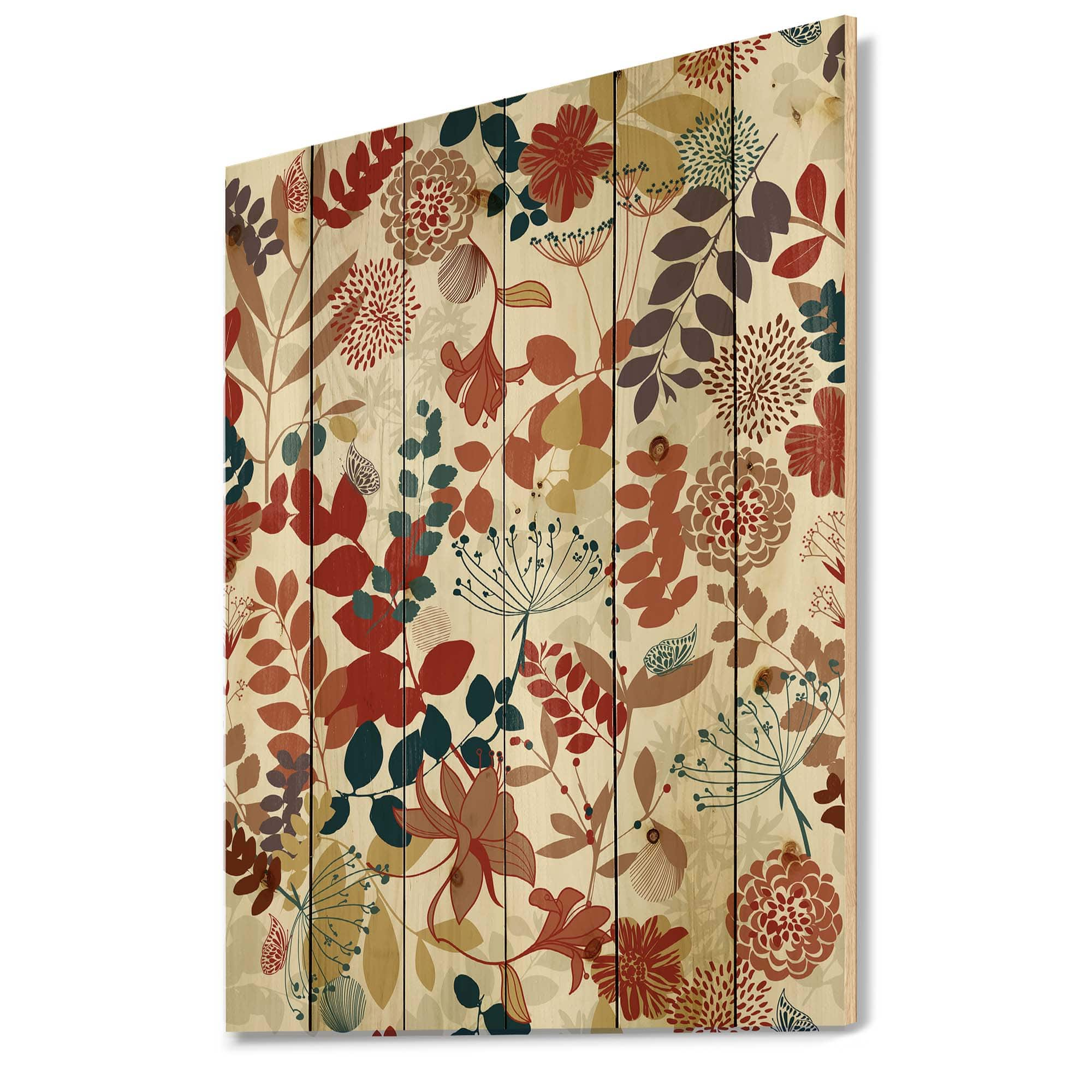 Designart - Retro Botanical Garden - Bohemian &#x26; Eclectic Print on Natural Pine Wood