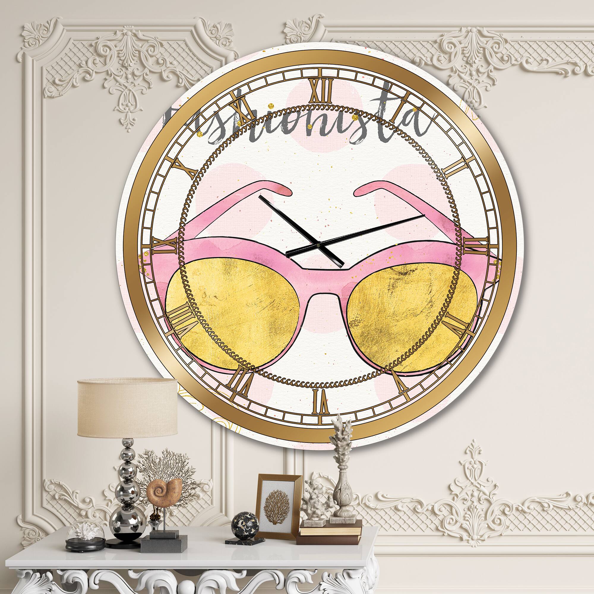 Designart 'Fashion Glam Accessories Pink Glam Wall Clock