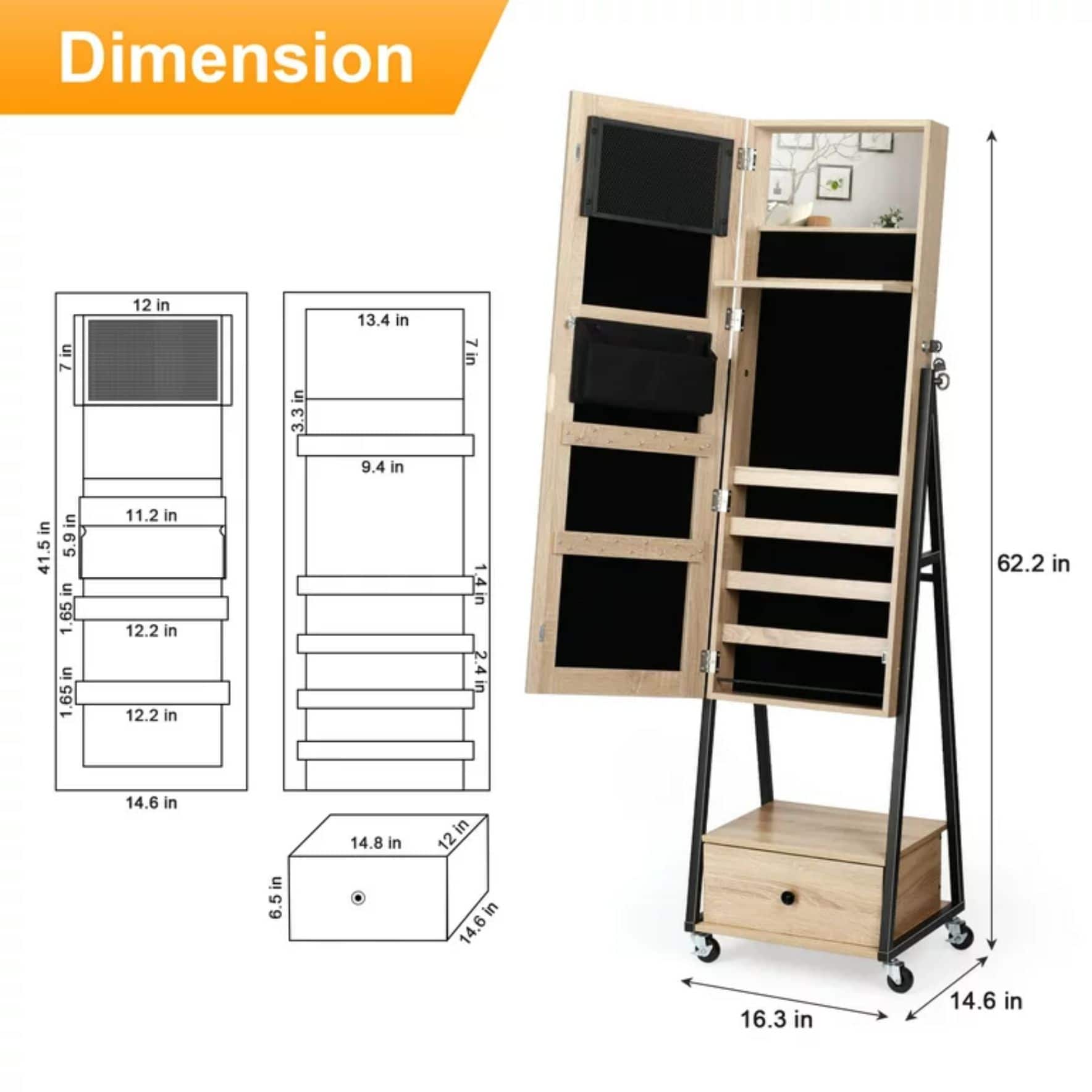 NEX&#x2122; 5ft. Yellow Jewelry Armoire on Casters with Chest Drawer