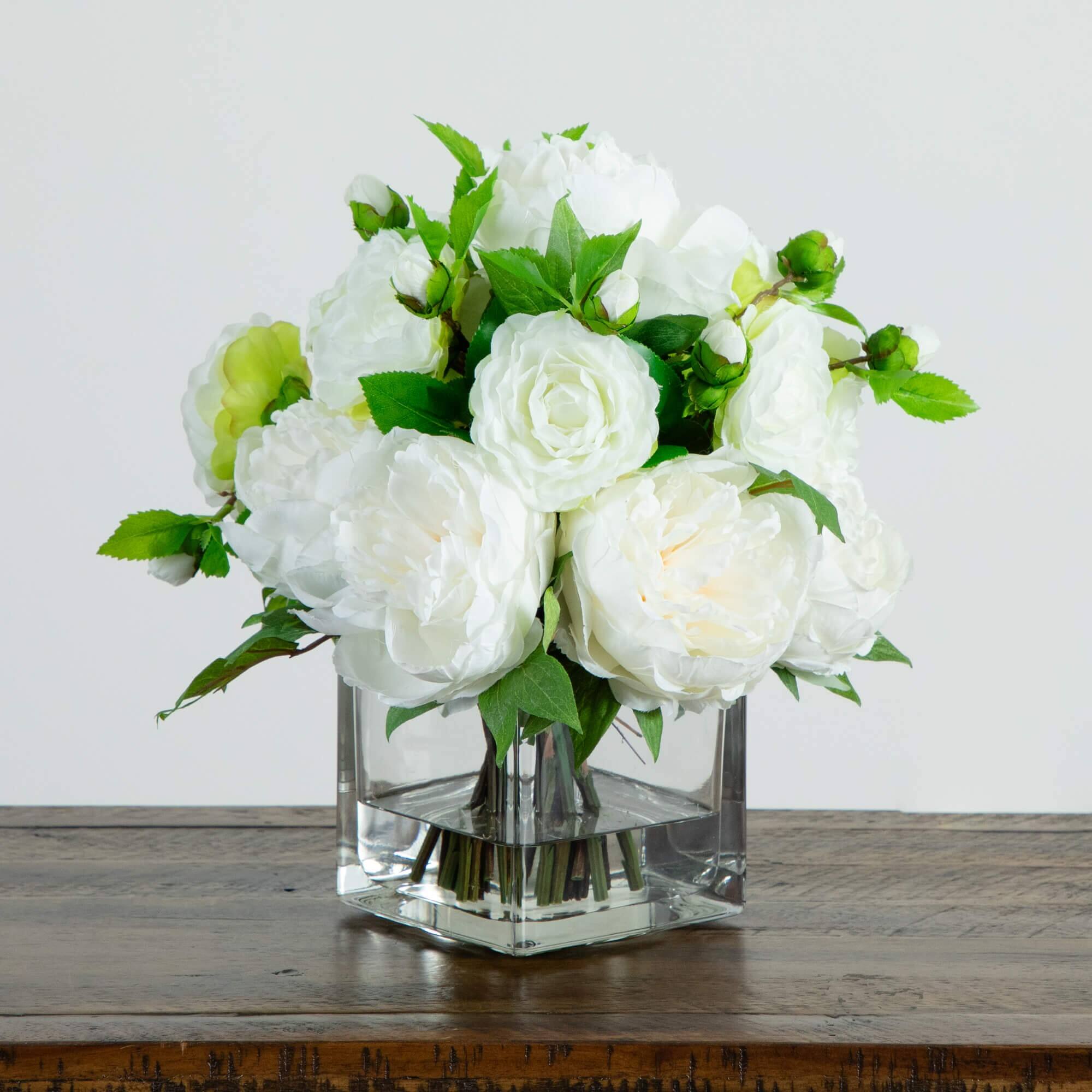 Wedding Collection 13in. Peony and Camellia Artificial Arrangement in Glass Vase