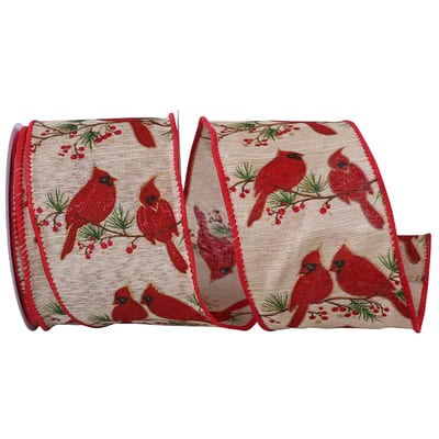 JAM Paper 2.5" x 10yd. Red Cardinals Wood Grain Natural Wired Ribbon