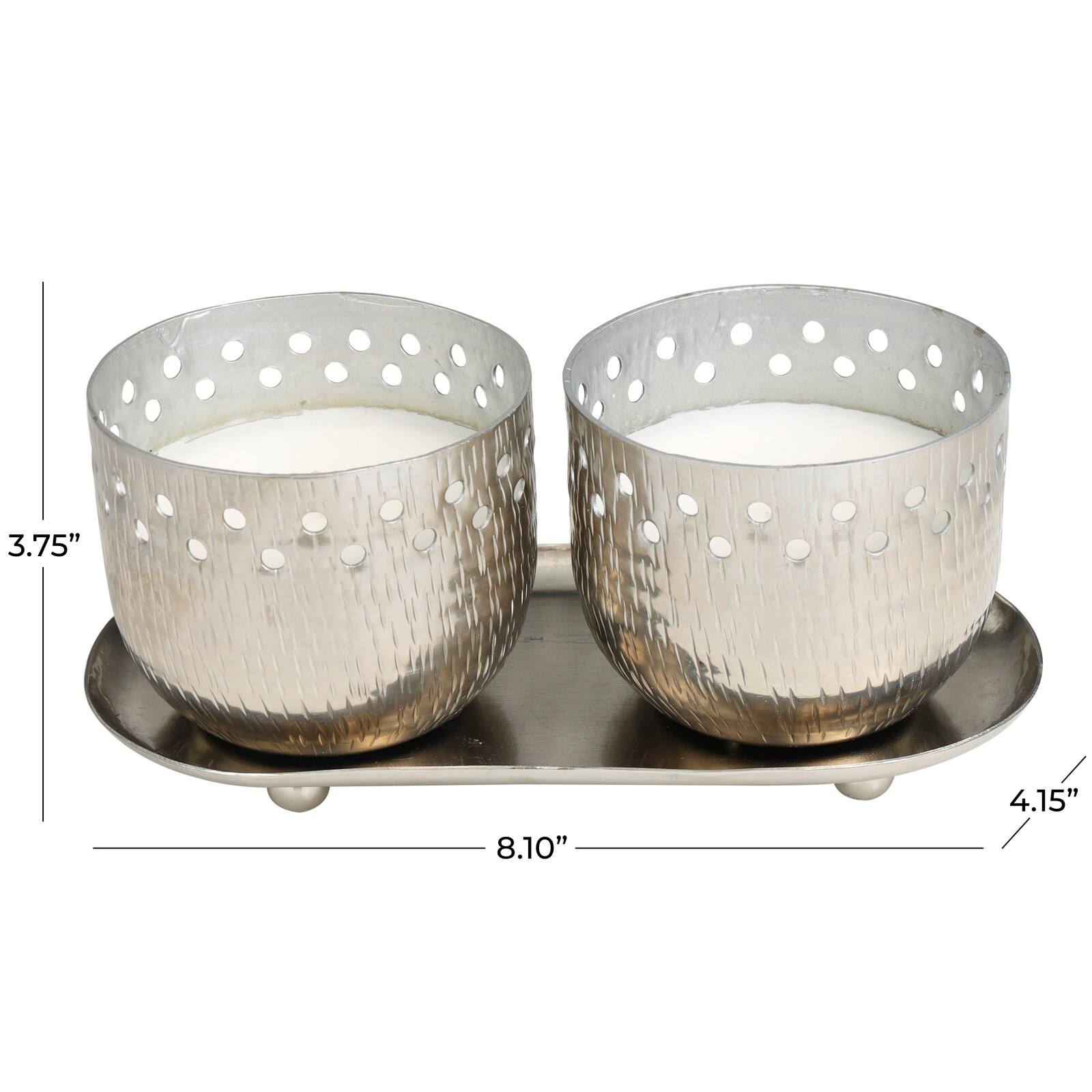 White Wax Vanilla Marshmallow Scented Candle Set with Cutout Spotted Silver Container and Oval Holding Tray
