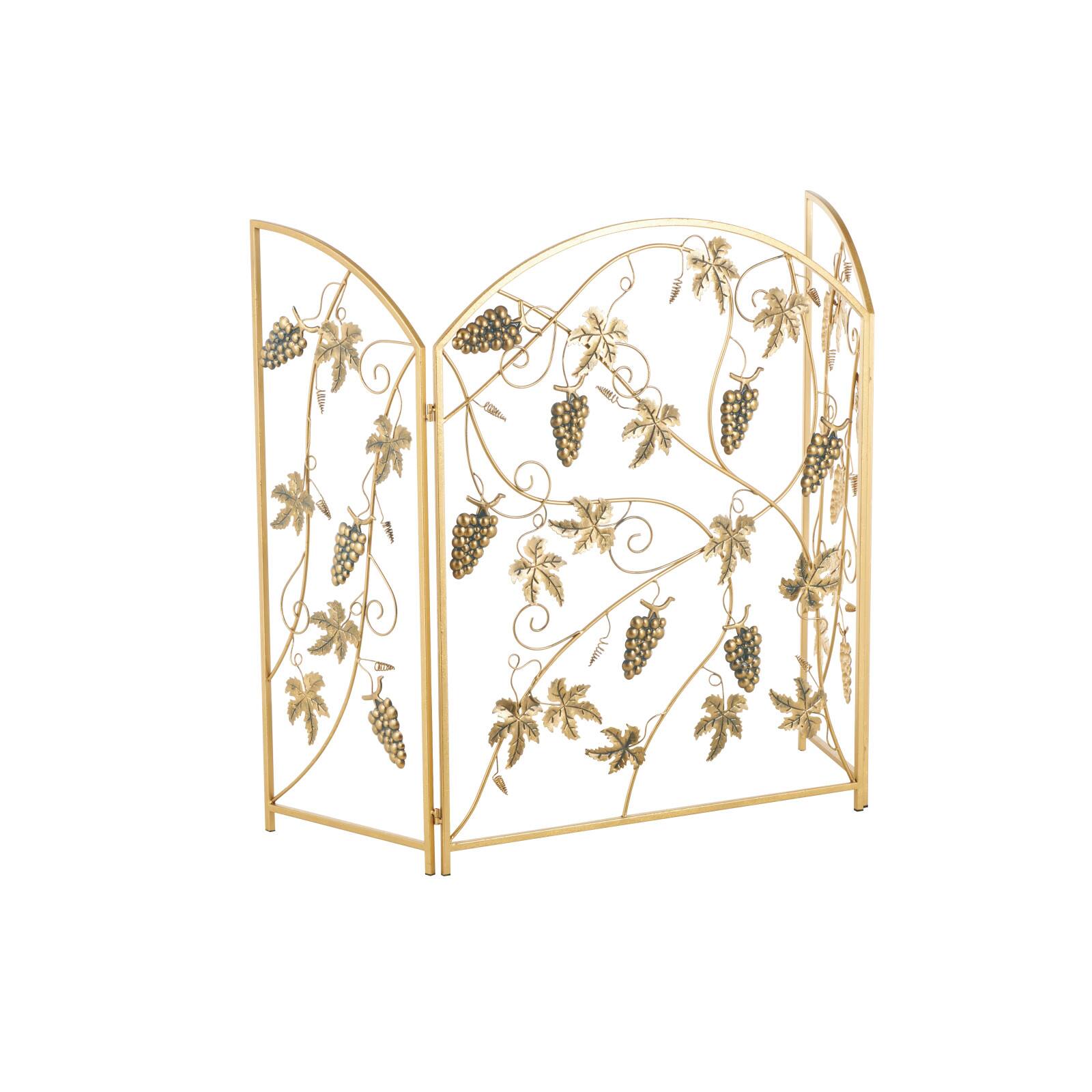 36" Gold Metal Fruit Foldable 3-Panel Fireplace Screen with Leaf Accents