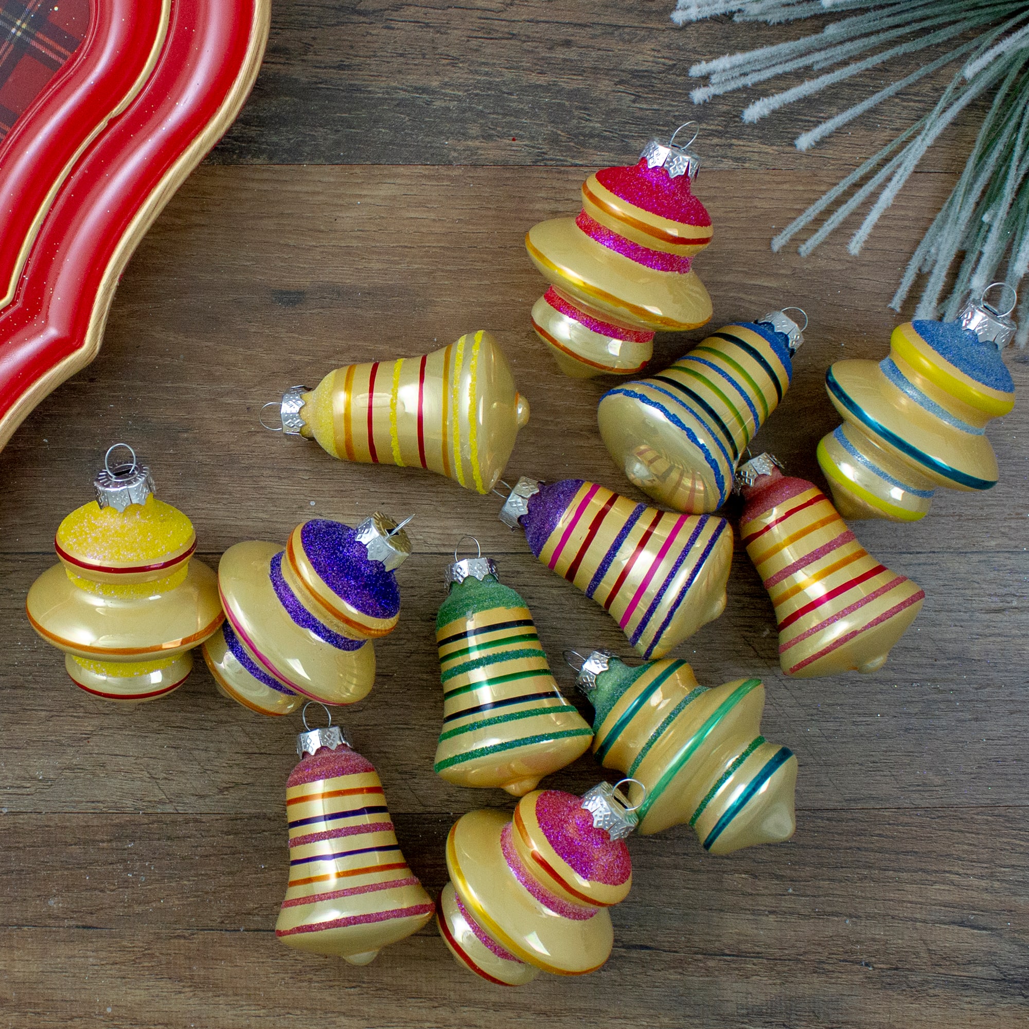 12ct. 2.75&#x22; Purple &#x26; Yellow 2-Finish Striped Glass Finial &#x26; Bell Ornaments