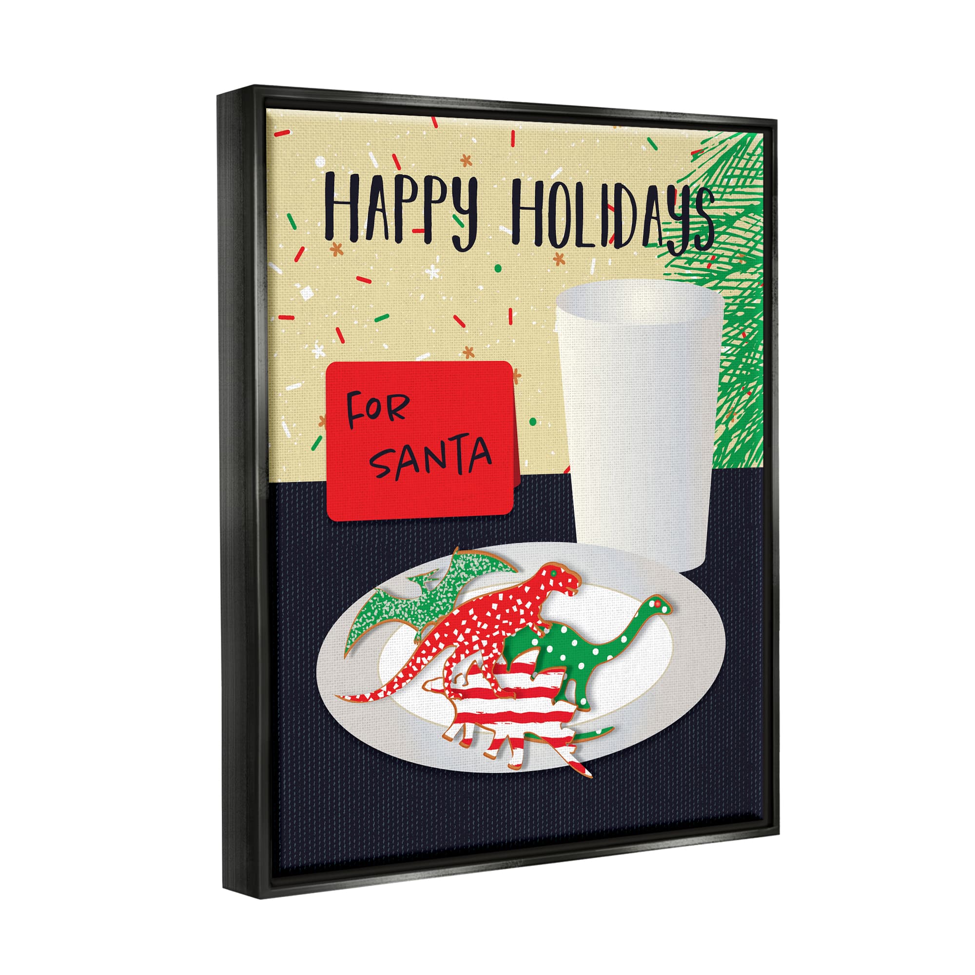 Stupell Industries Happy Holidays Dinosaur Santa Cookies Framed Floater Canvas Wall Art