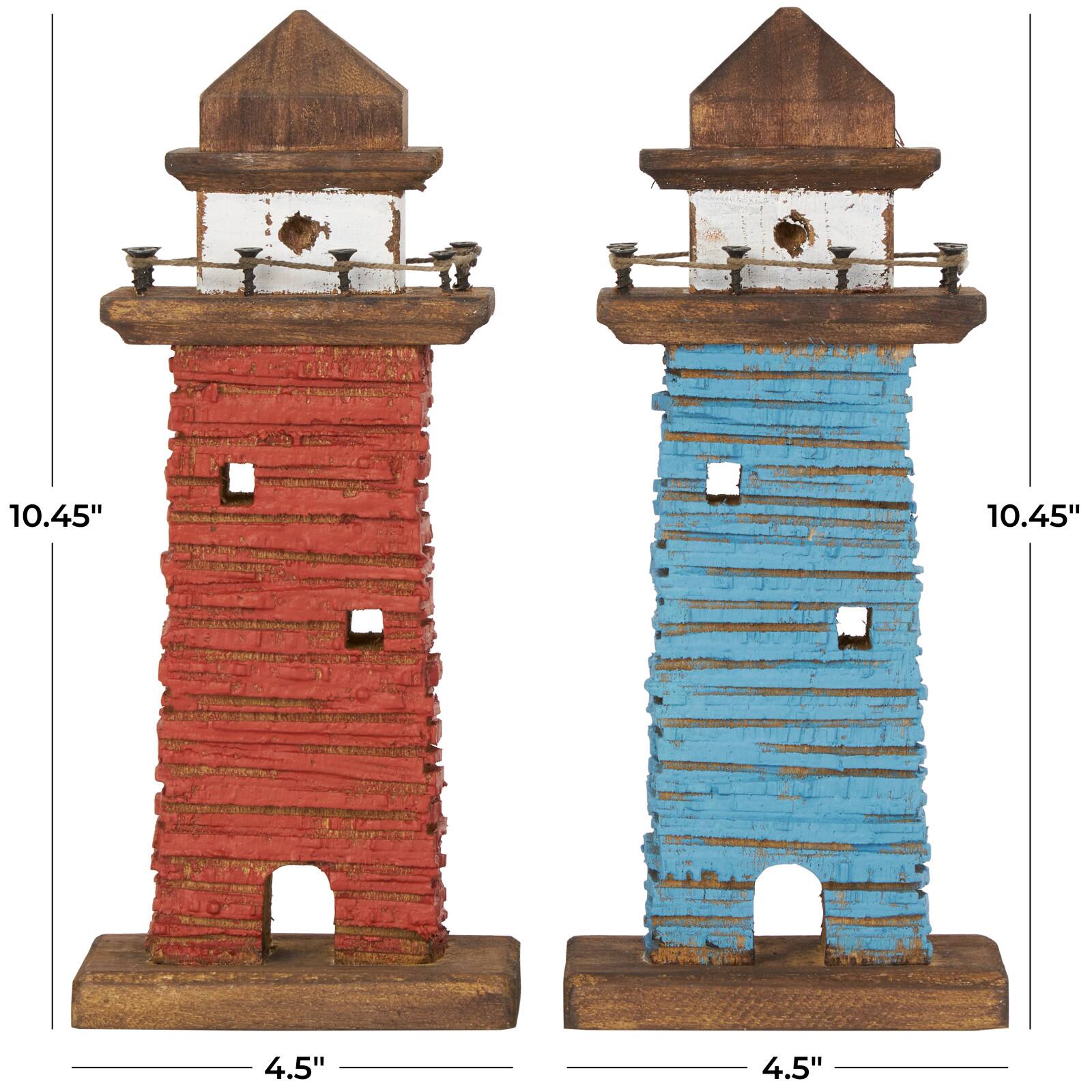 10&#x22; Red &#x26; Blue Wood Light Housee Sculpture Set