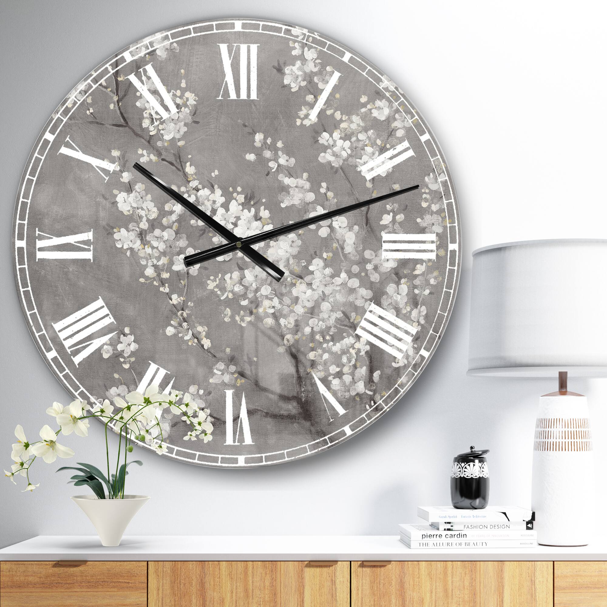 Designart &#x27;White Cherry Blossoms Ii Traditional Wall Clock