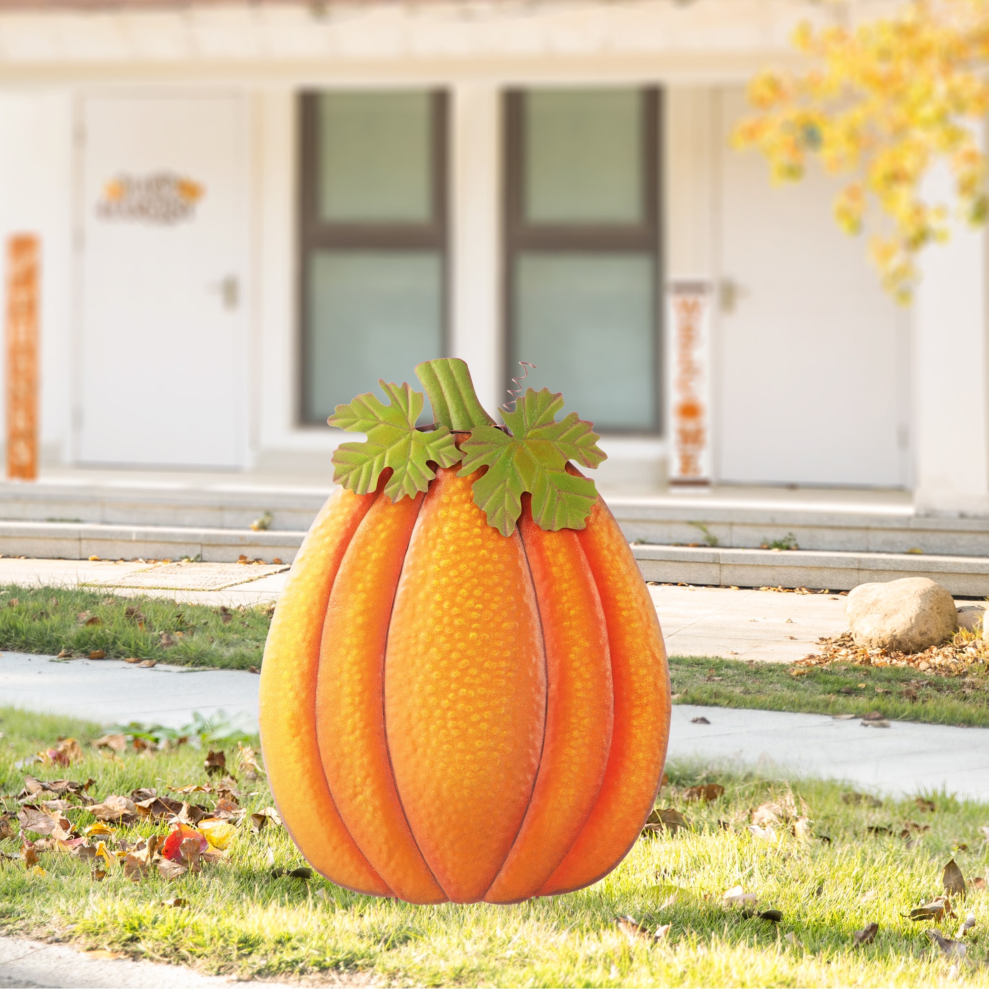 Glitzhome&#xAE; 3ft. Fall Metal Embossed Glitter Pumpkin Yard Stake