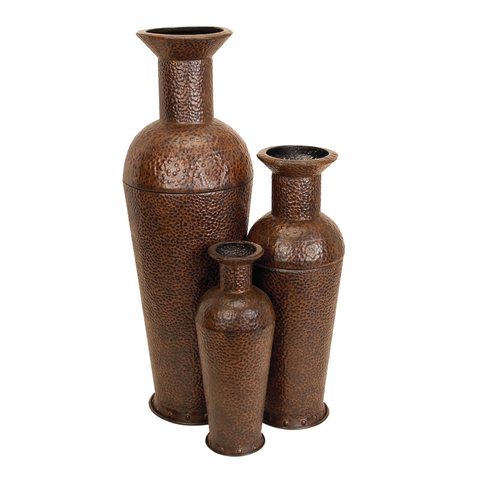 Set of 3 Brown Metal Traditional Vase, 50&#x22;, 35&#x22;, 26&#x22;