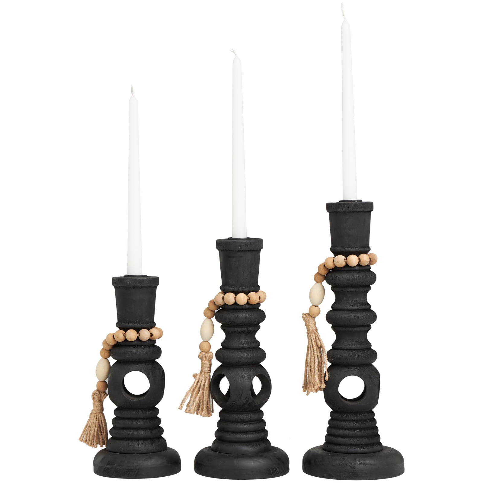 Black Wood Handmade Textured Matte Candle Holder with Beaded Garland Set