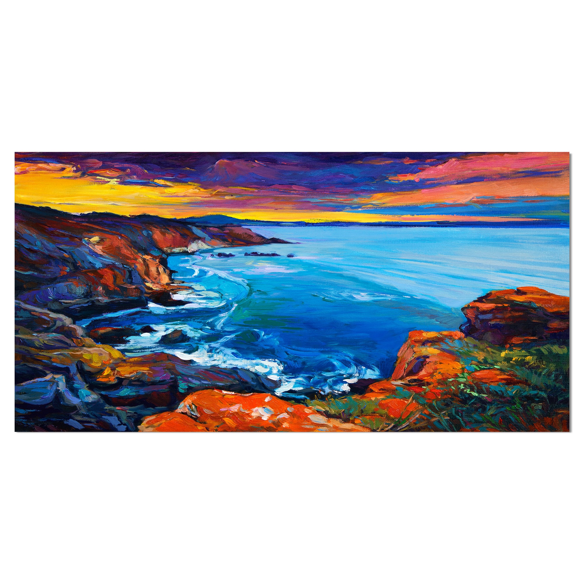 Designart - Rich Golden Sunset Over Ocean and Cliffs - Sea & Shore Painting Print on Wrapped Canvas