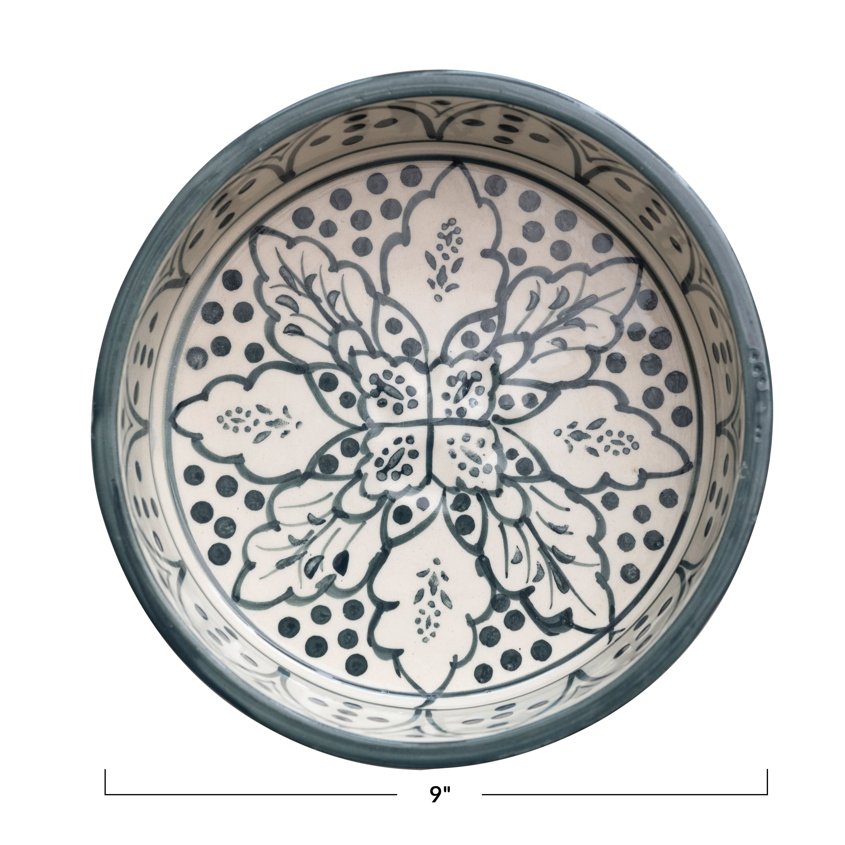 Hello Honey® 9" Cream & Blue Botanical Design Hand-Painted Stoneware Pet Bowl