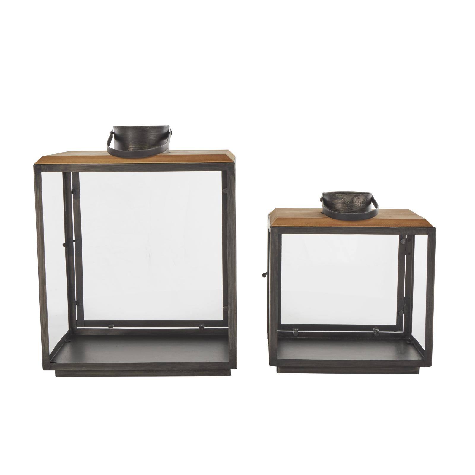 Dark Gray Brushed & Wood Top Rectangular Candle Lantern Set