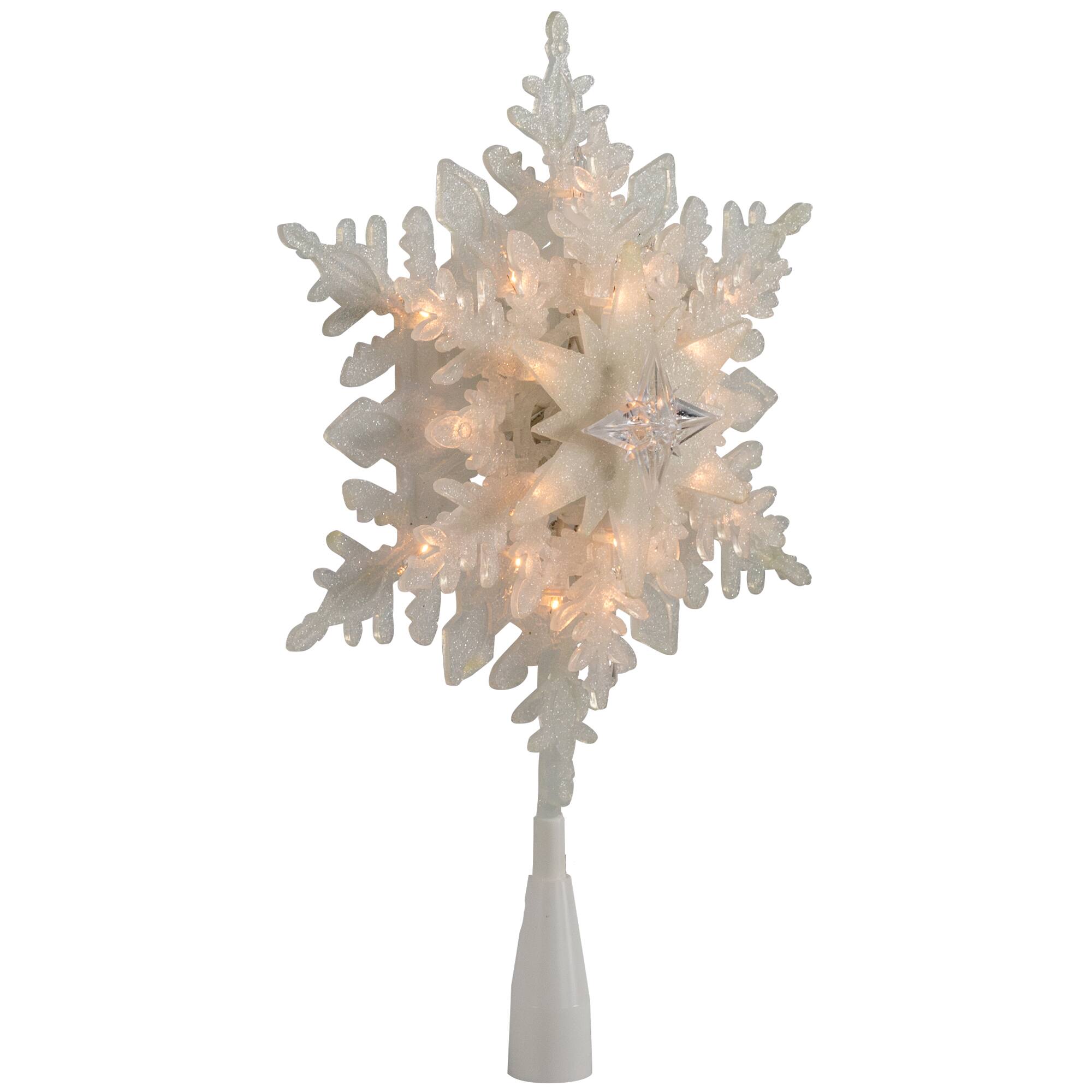 10&#x22; Lighted White Frosted Stacked Snowflake Christmas Tree Topper, Clear Lights