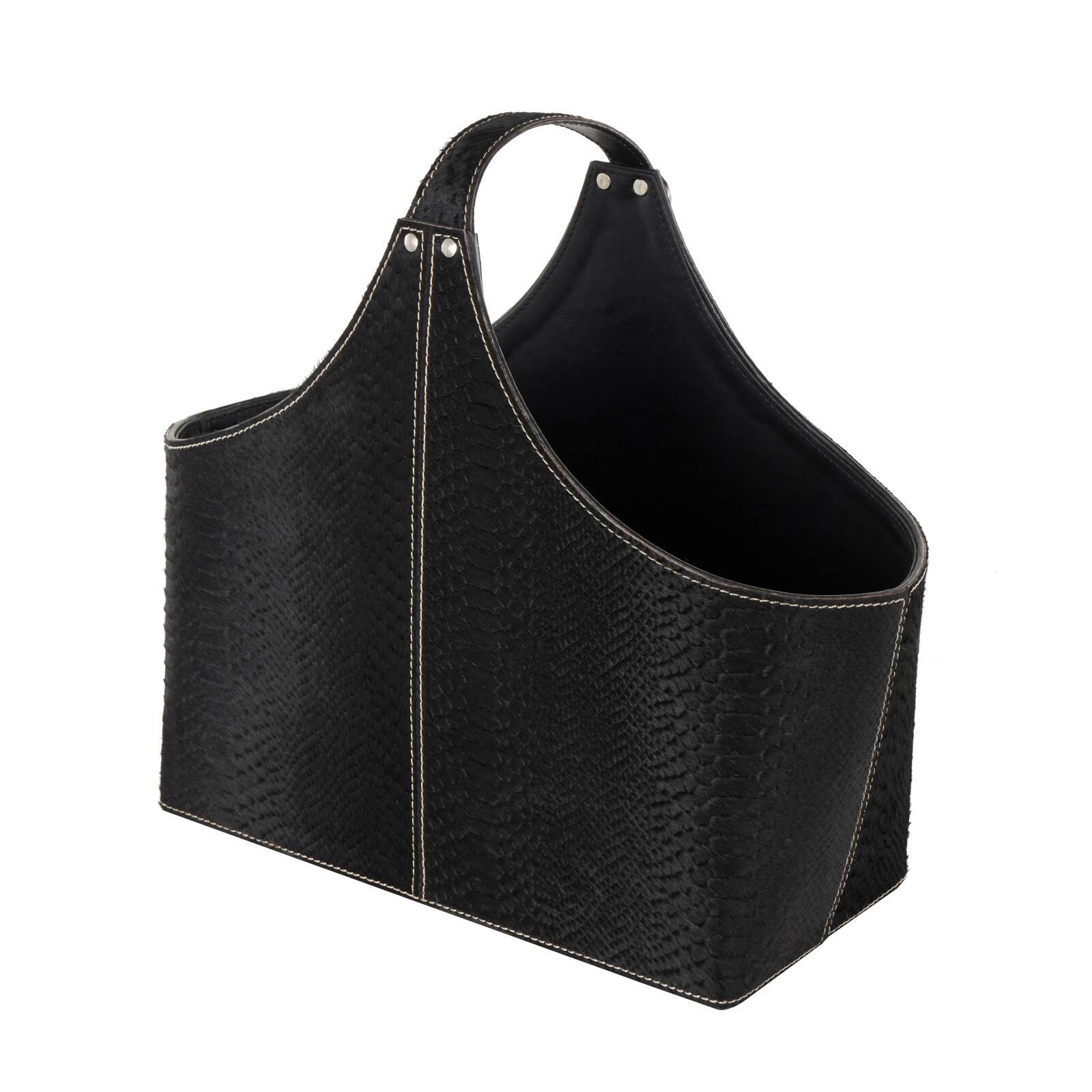 17" Black Leather Handmade Box Style Decorative Magazine Holder with Detail Stitching & Curved Buckle Handles