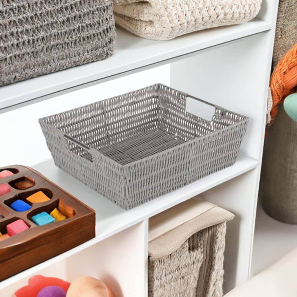 Simplify Gray Shelf Storage Rattan Tote Basket