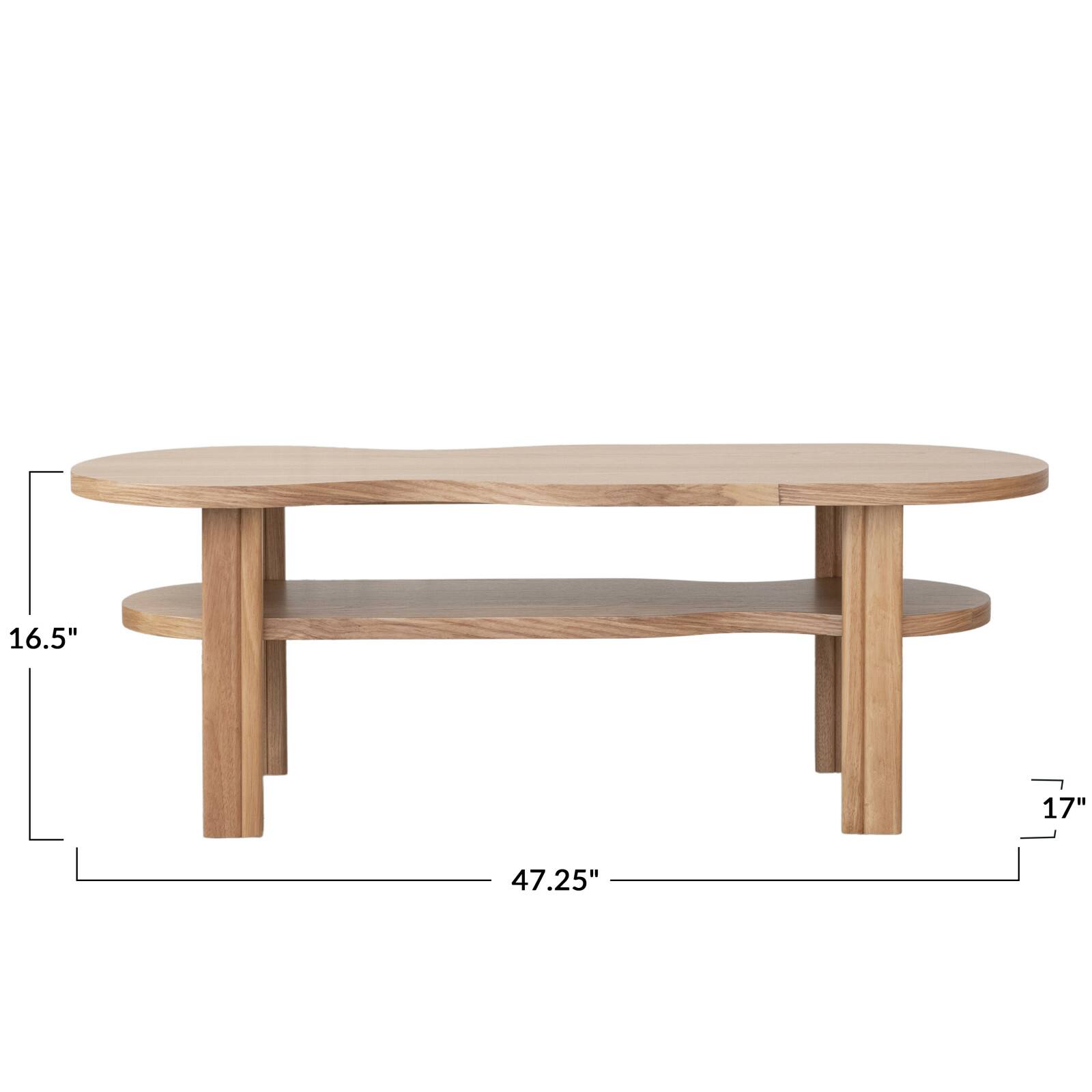 Hello Honey® Natural Oak Wood Veneer and Rubberwood Organic Shaped Coffee Table with Shelf