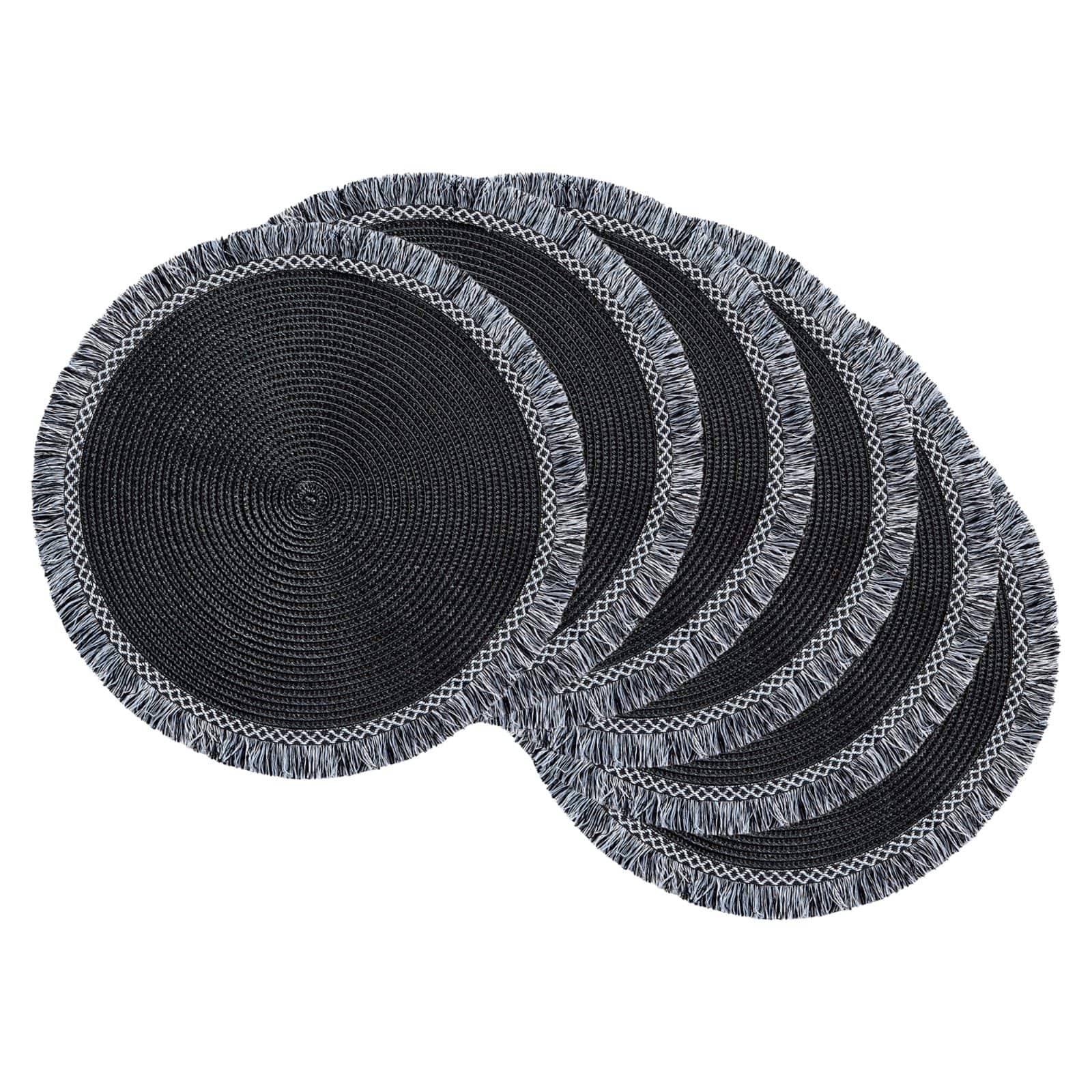 DII® 15" Round Black Fringed Placemat Set, 6ct.