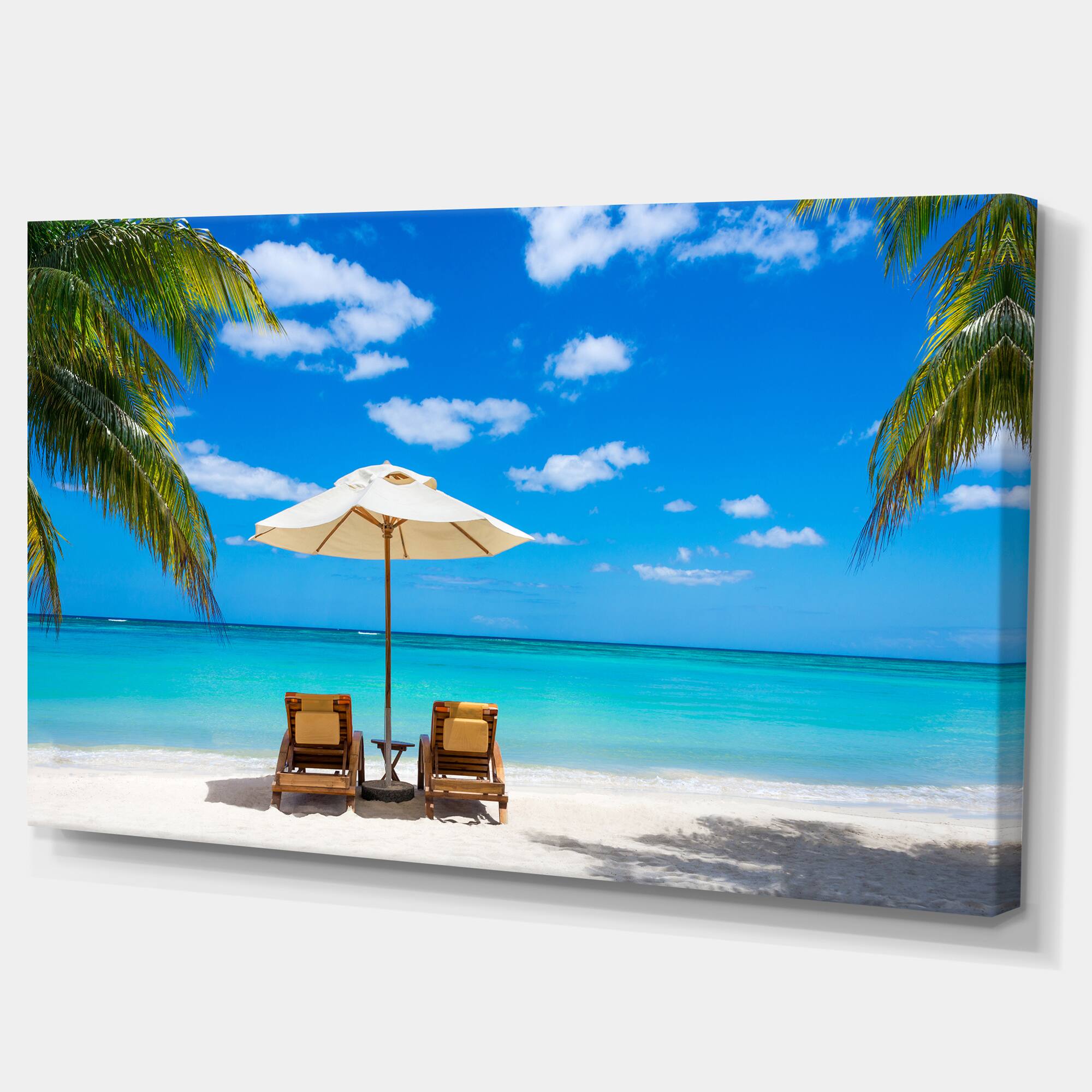 Designart - Turquoise Beach with Chairs - Seashore Photo Canvas Print