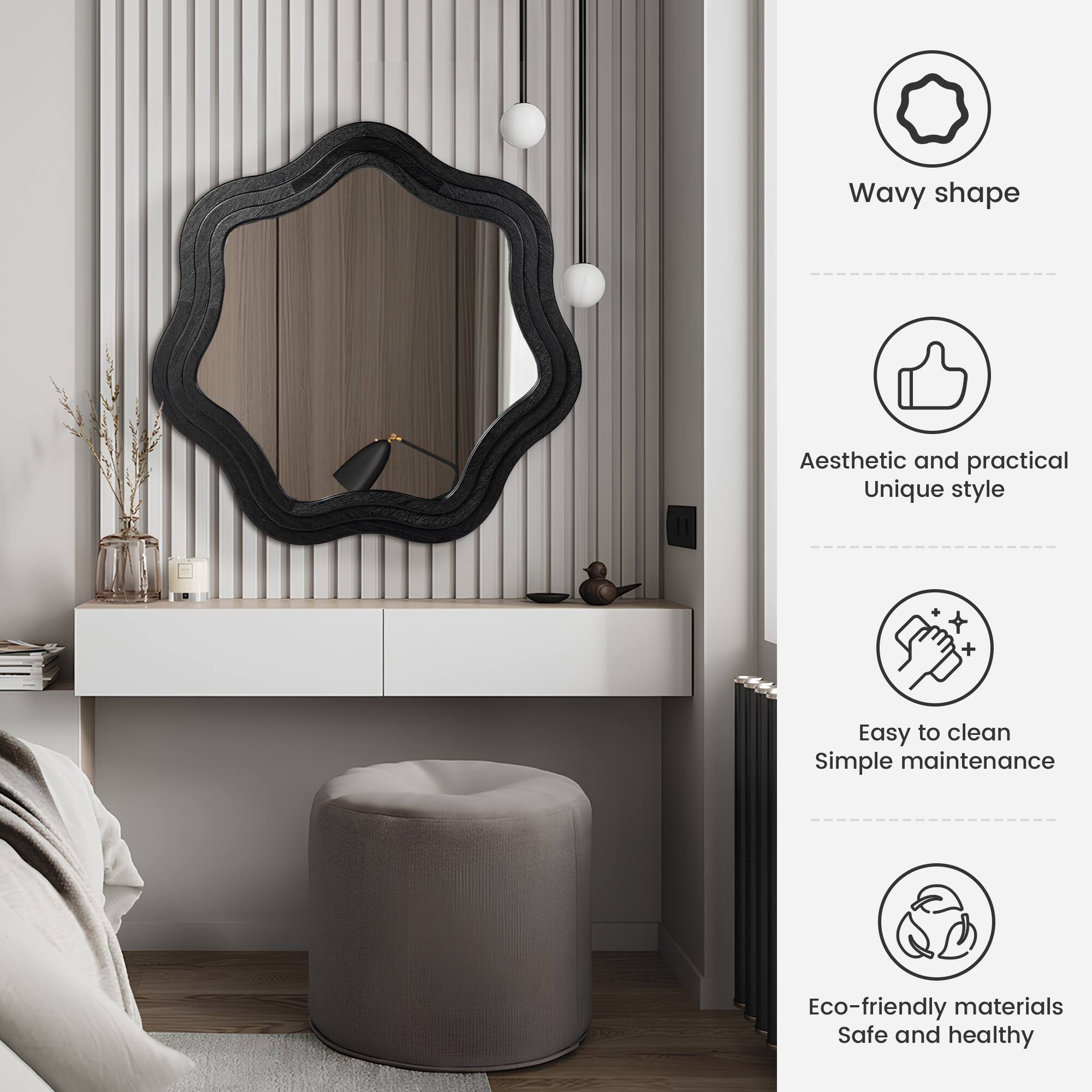 Glitzhome® 33.5" Modern Black Triple Wood Frame Wavy Wall Mirror