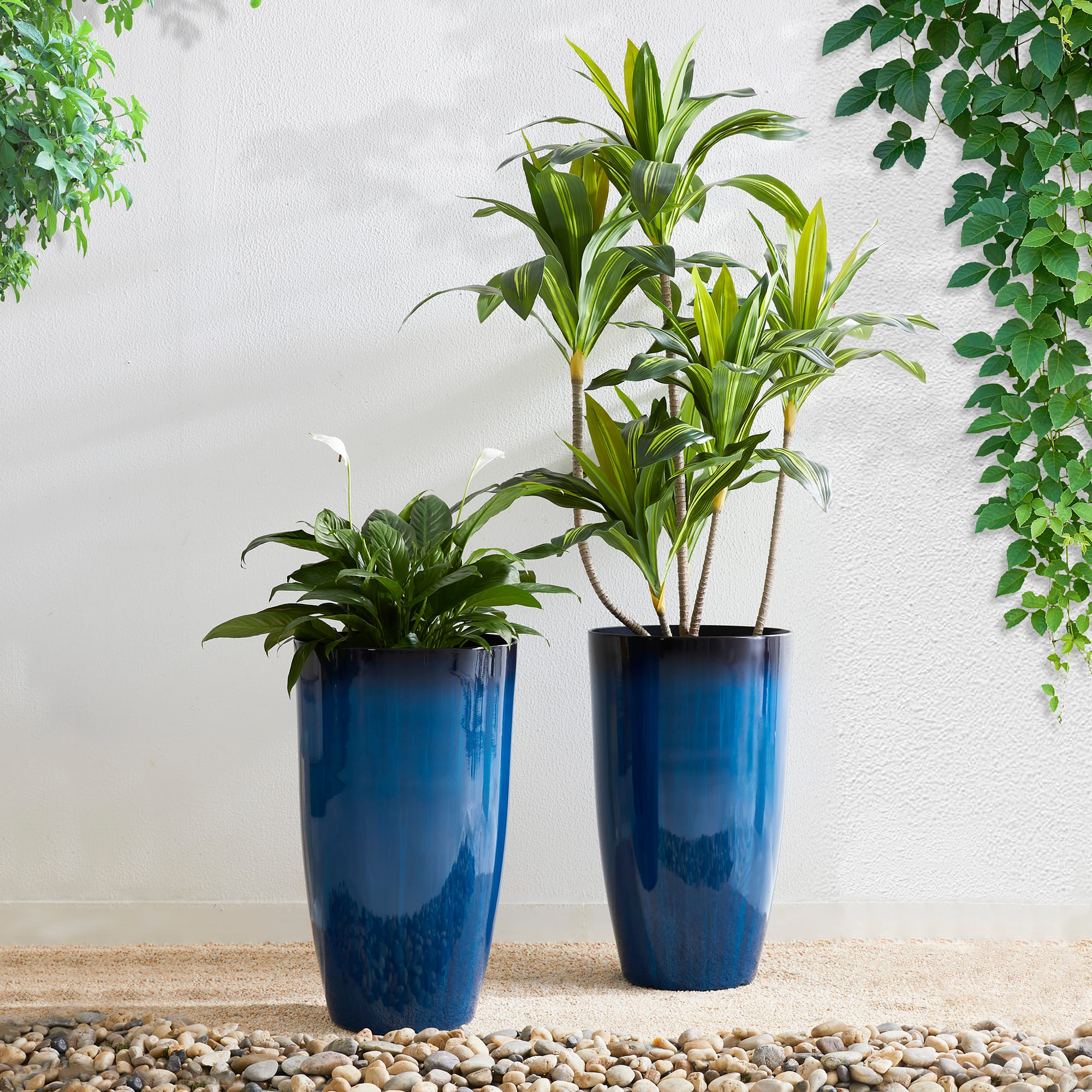 Glitzhome® 23.5" Gradient Cobalt Blue Faux Ceramic Tall Plastic Planters, 2ct.