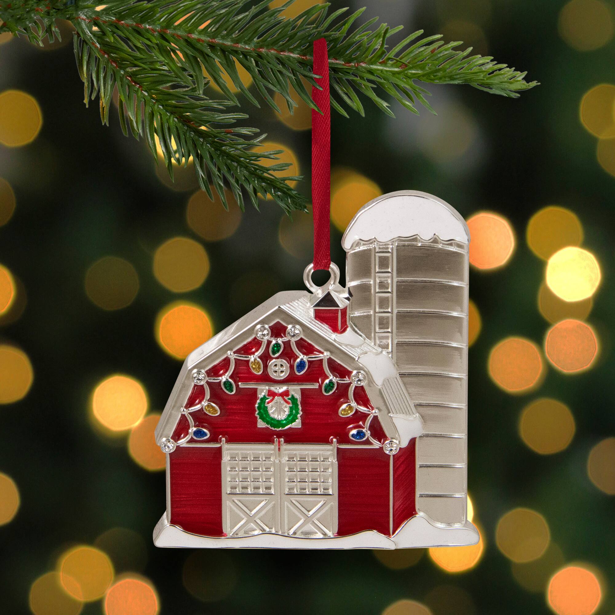 Red & White Enamel Barn House Ornament