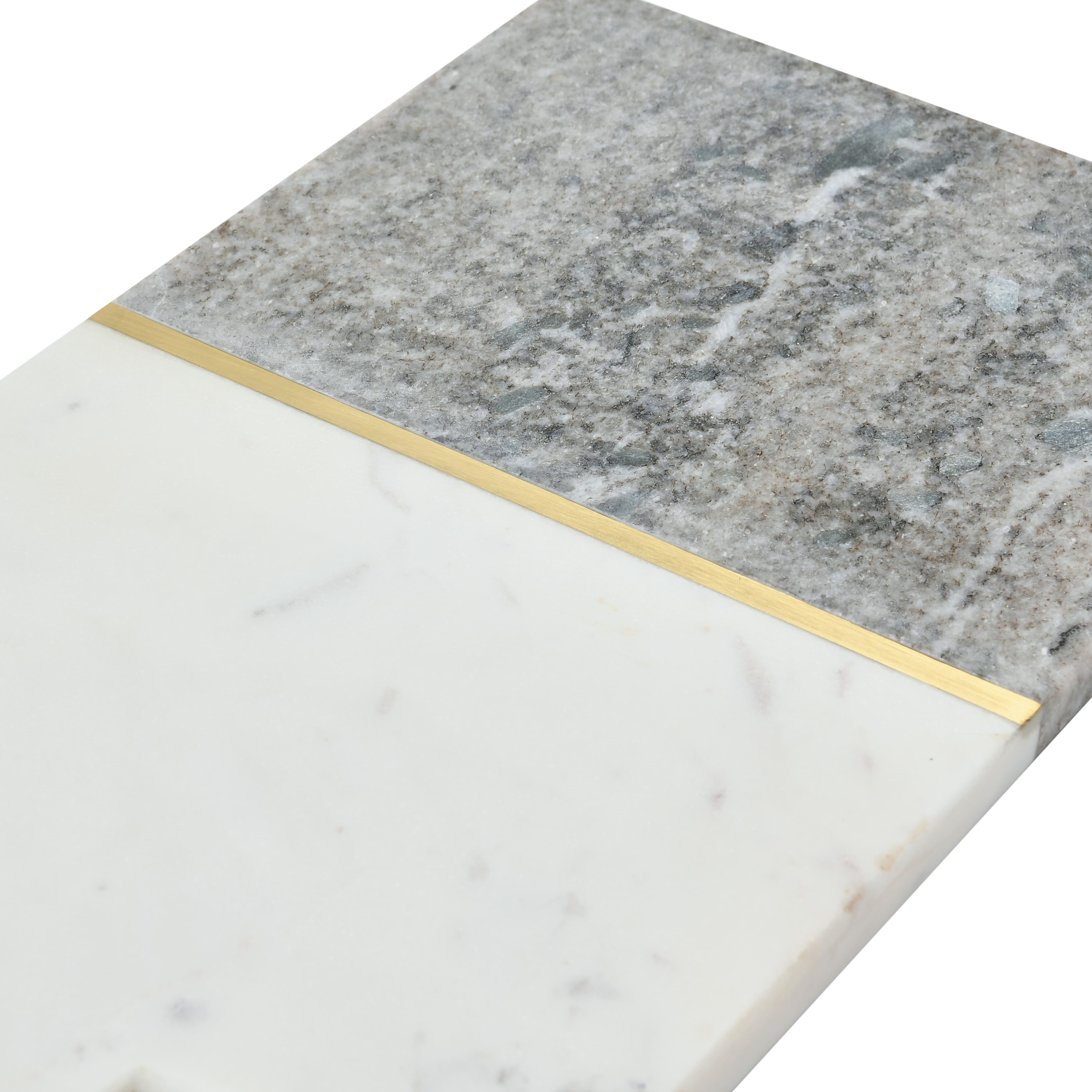 15&#x22; Gray and White Boho 2-Tone Marble Charcuterie or Cutting Board with Brass Inlay and Leather Tie