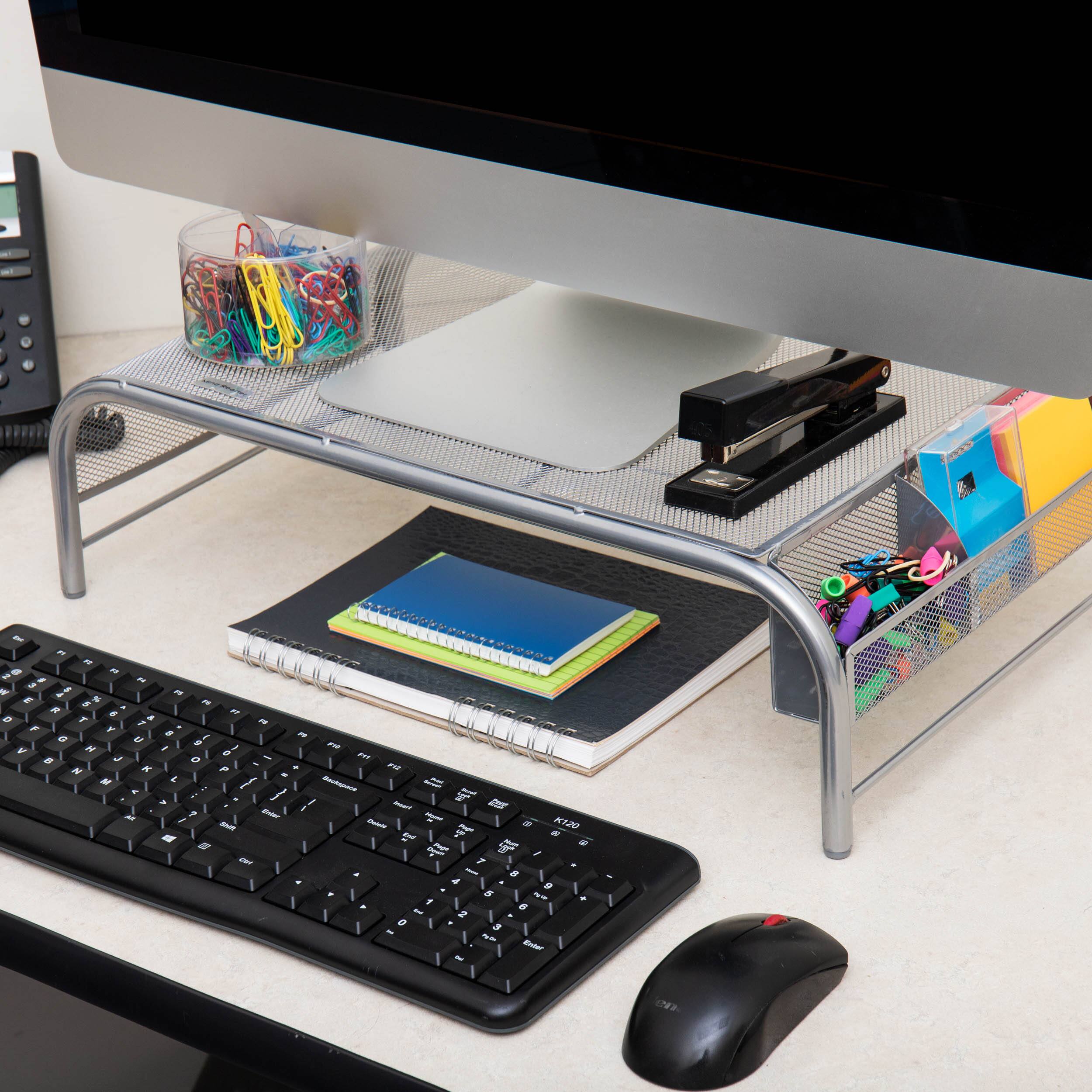 Mind Reader Silver Metal Mesh Monitor Stand with 2 Storage Compartments