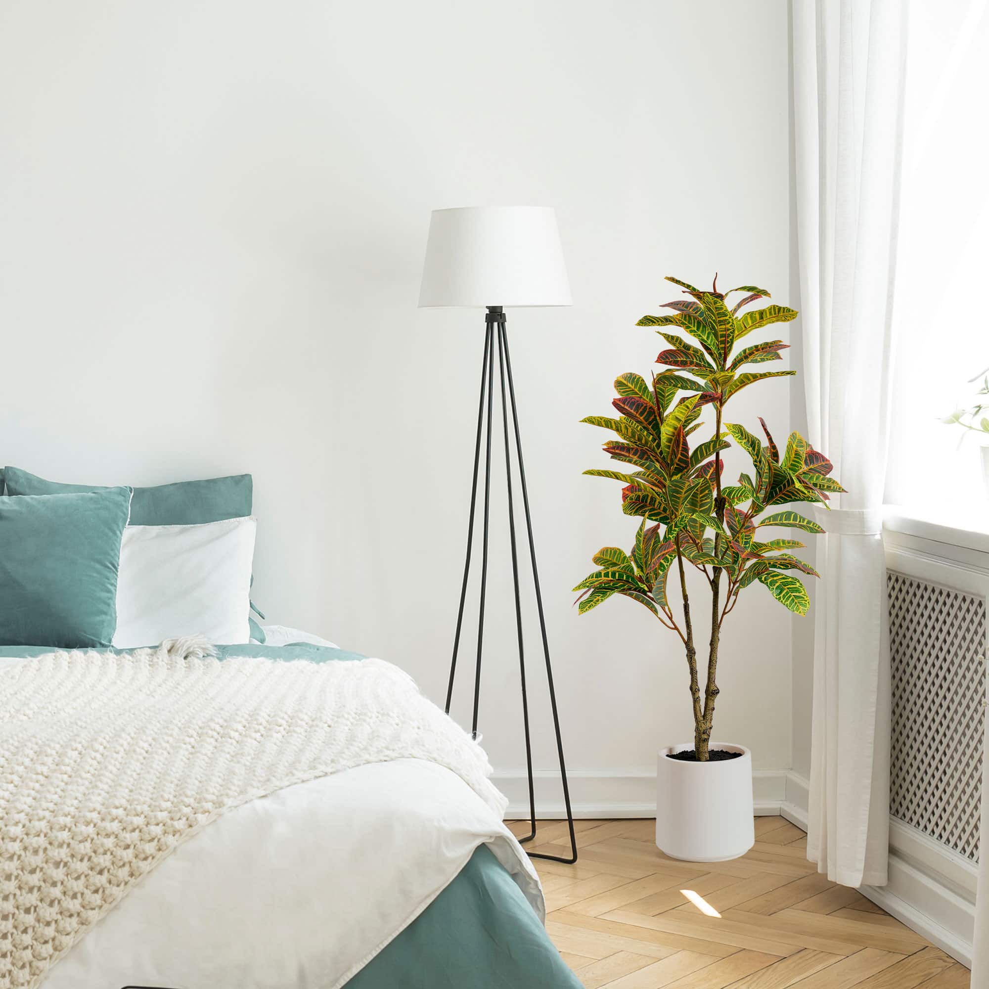 American Art Decor 4ft. Realistic Artificial Croton Tree in White Pot