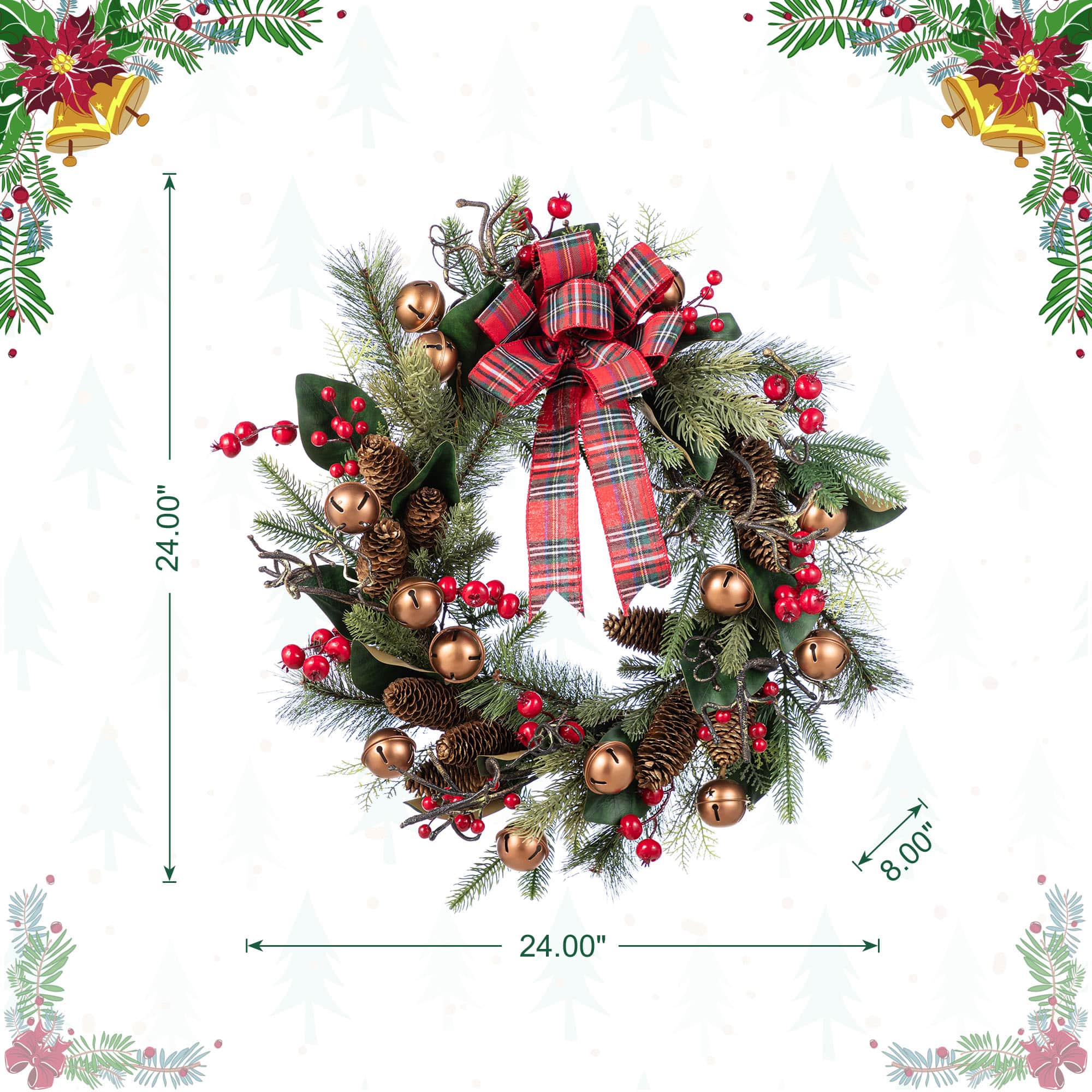 Glitzhome® 24"D Christmas Bell, Pinecone & Berry Bow Wreath