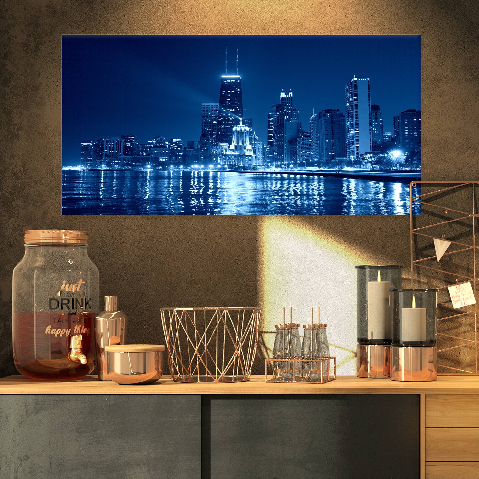 Designart - Blue Chicago Skyline Night - Cityscape Photo Canvas Print