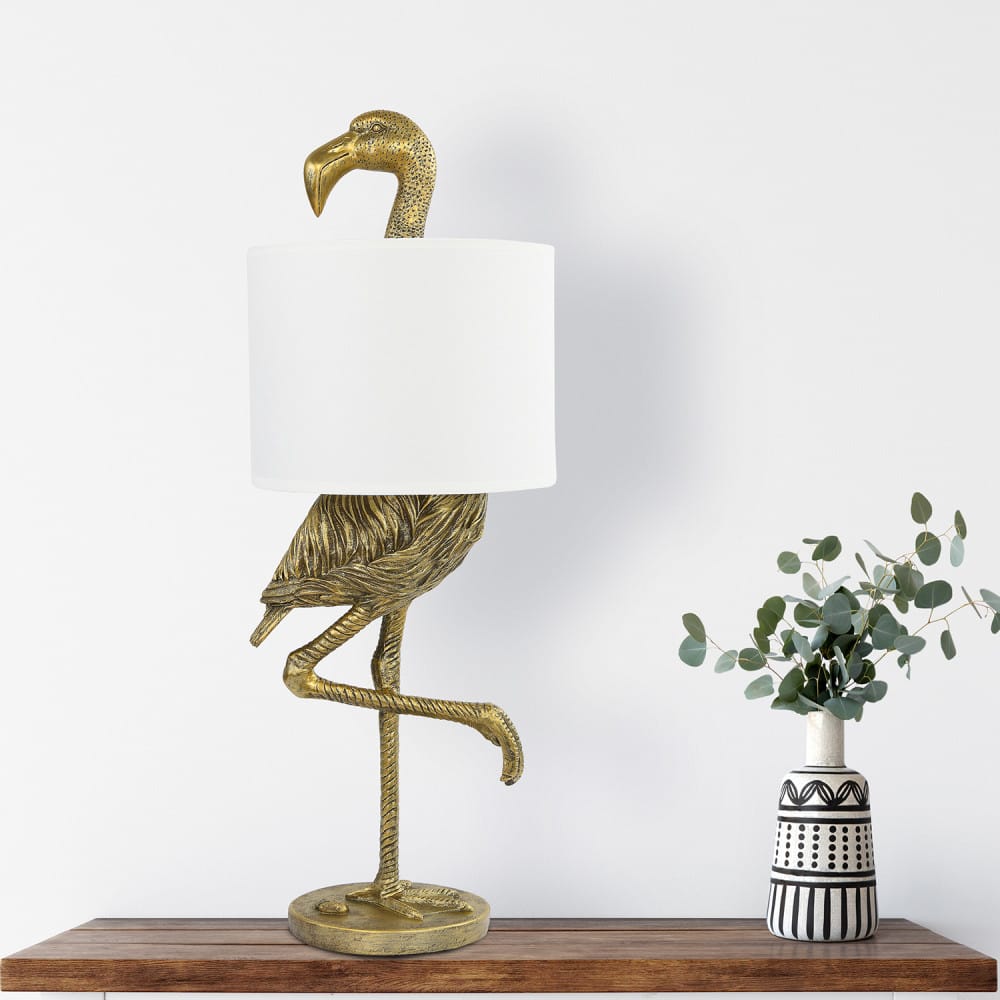 32&#x22; Gold Finish Resin Flamingo Table Lamp with Linen Shade