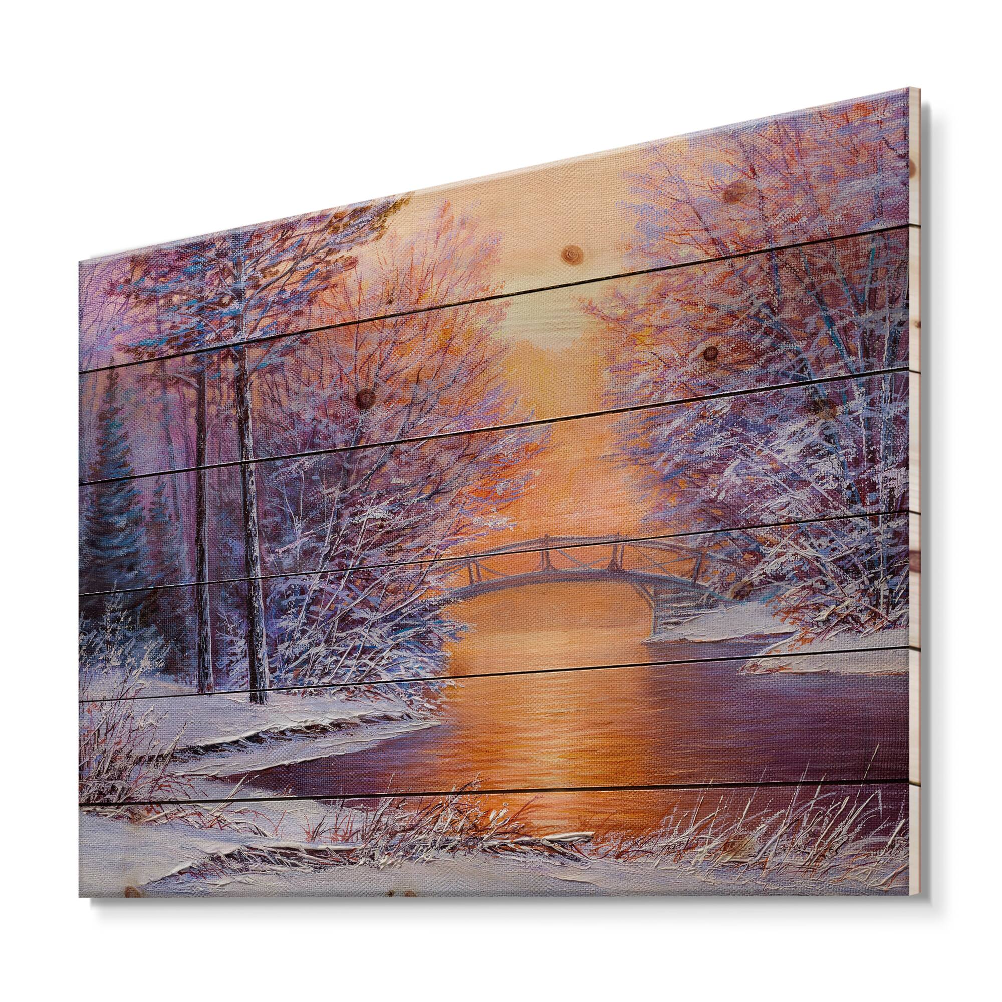 Designart - Bridge Over The River In Winter Landscape - Traditional Print on Natural Pine Wood