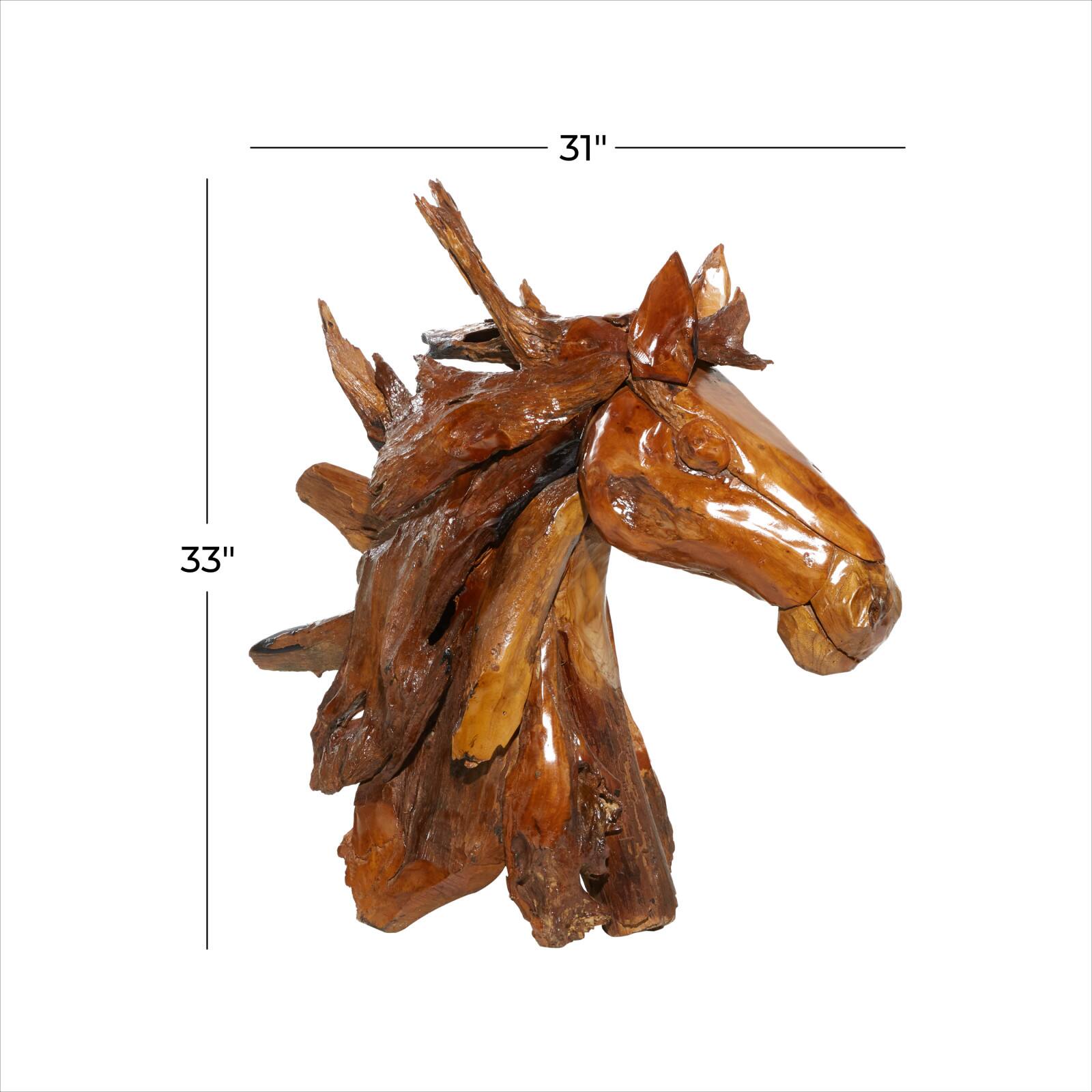 Brown Teak Wood Natural Horse Sculpture 33" x 31" x 13"