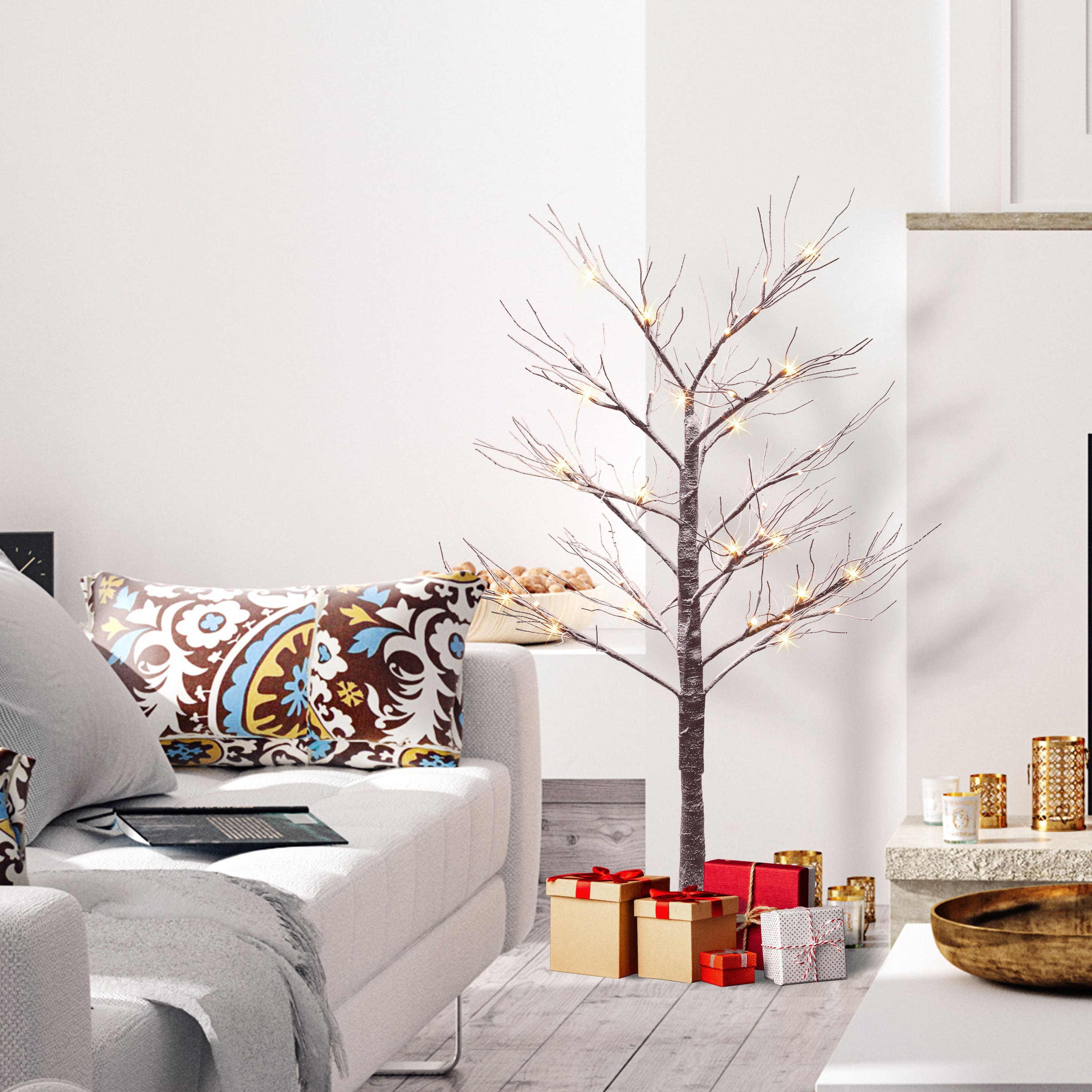 4ft. Pre-Lit Flocked Brown Artificial Twig Tree, White Lights