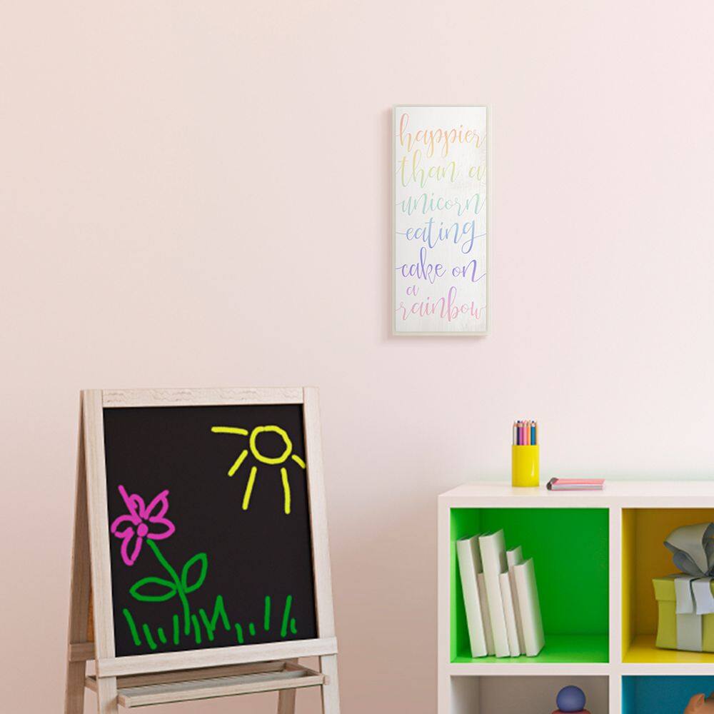 Stupell Industries Happier Than Unicorn Eating Cake Quote Rainbow Text Wood Wall Plaque