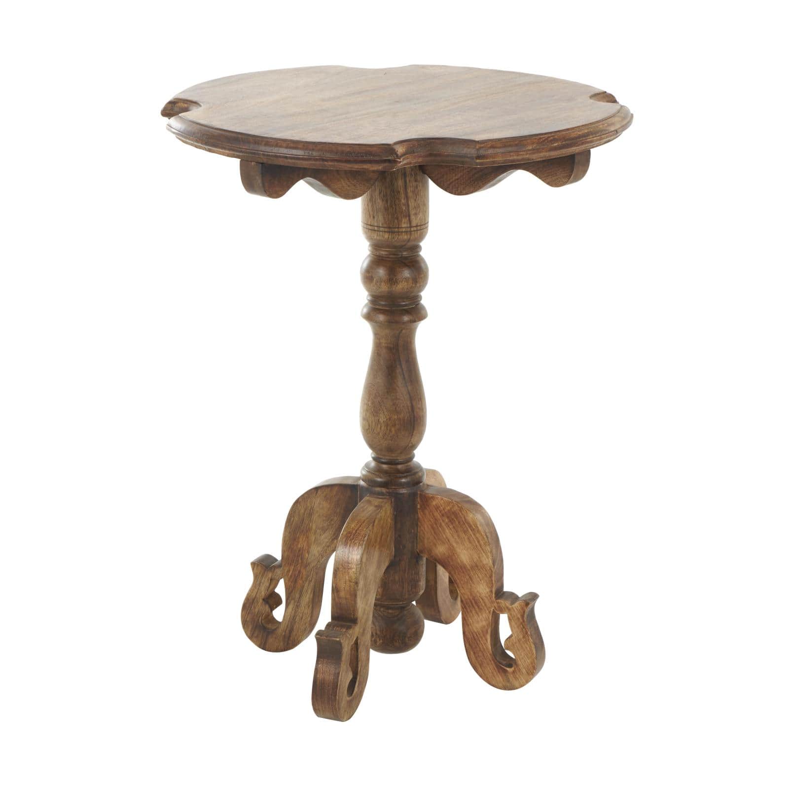 Brown Mango Wood  Turned Accent Table with Scrolled Legs and Cutout Tabletop