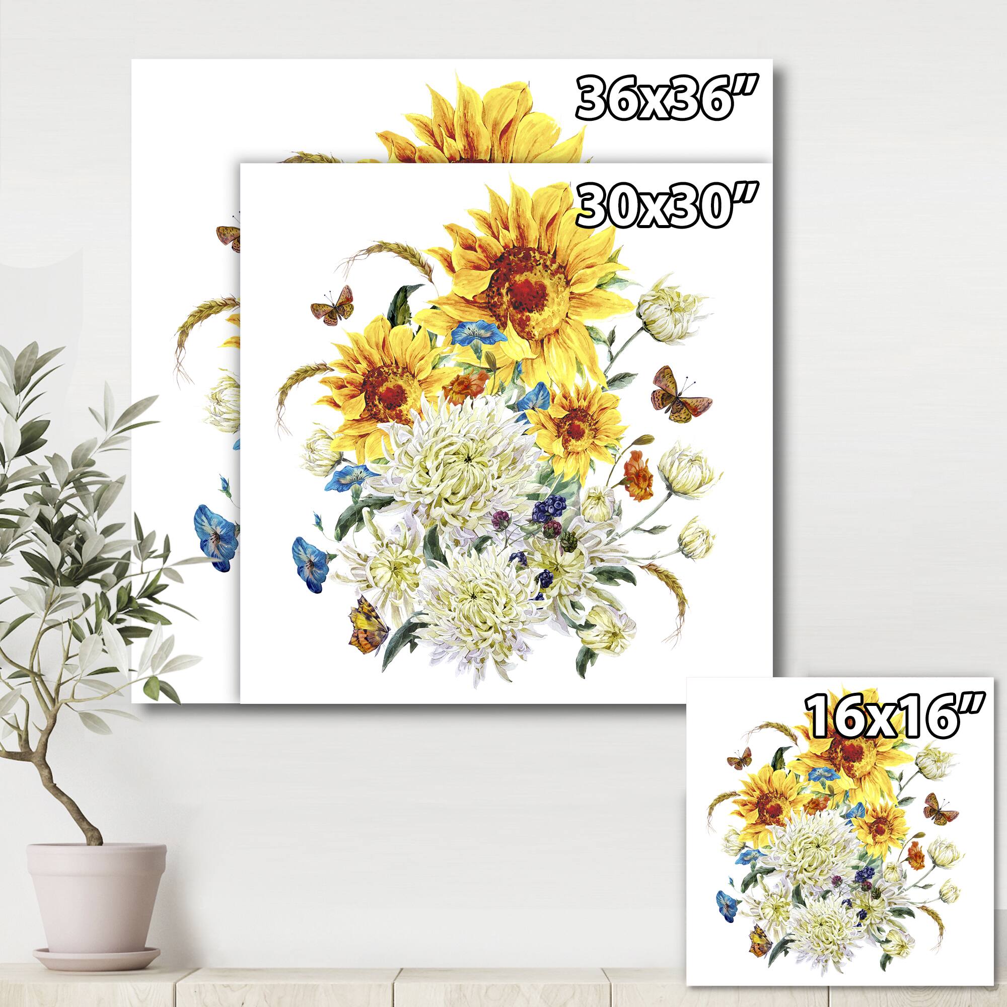 Designart - Vintage Chrysanthemums and Sunflowers - Traditional Canvas Wall Art Print