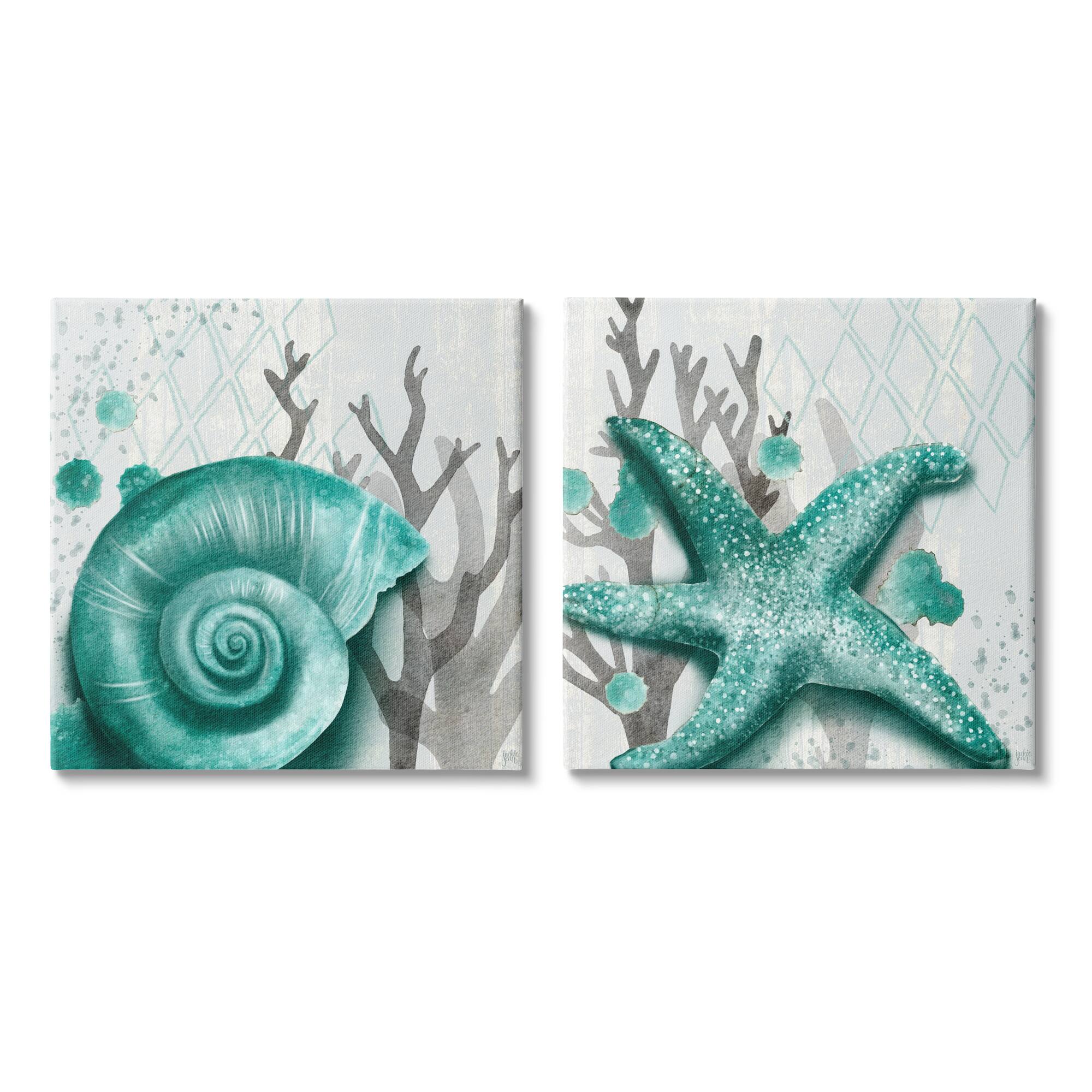 Stupell Industries Turquoise Pop Sea Floor Diamond Pattern Grey Coral Canvas Wall Art