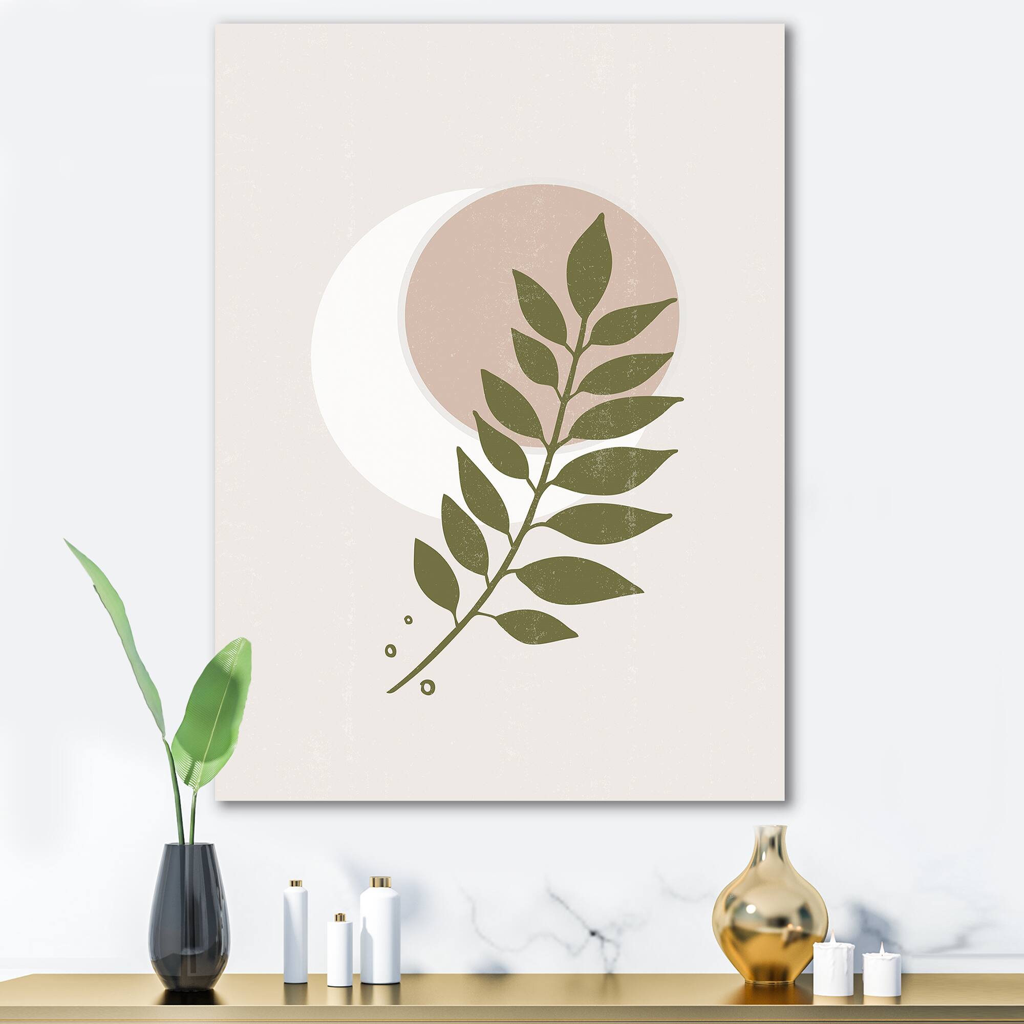 Designart - Abstract Geometrical Moon With Leaf IV - Modern Canvas Wall Art Print