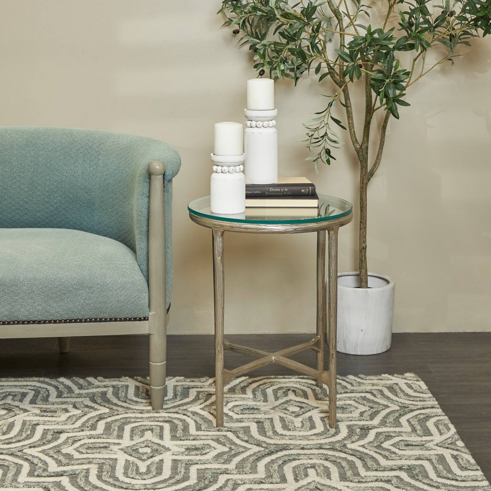 23" Aluminum Textured Accent Table with Glass Tabletop