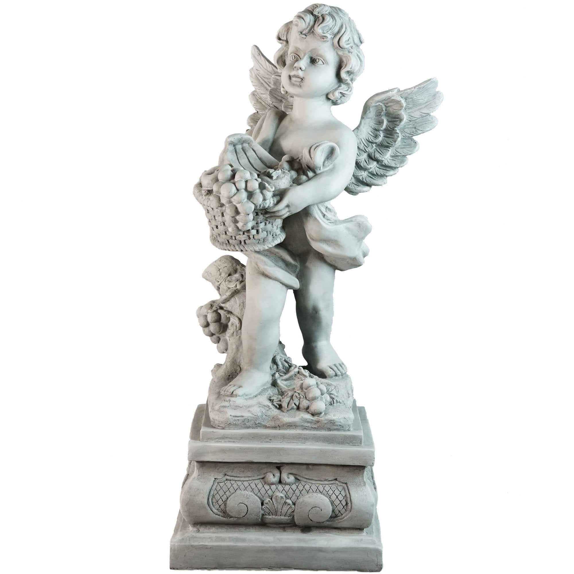 28.75" Gray Cherub Angel Standing on Pedestal Holding a Fruit Basket Outdoor Garden Statue