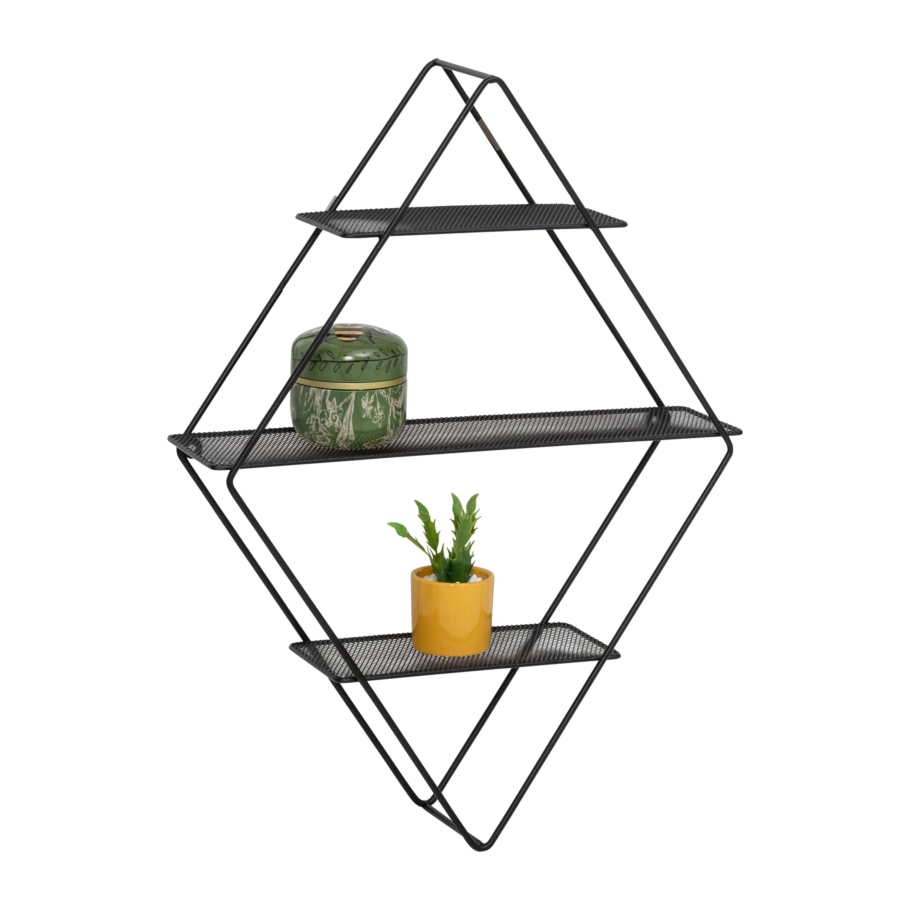 Honey Can Do 24&#x22; Black Three-Tier Diamond-Shaped Decorative Metal Wall Shelf
