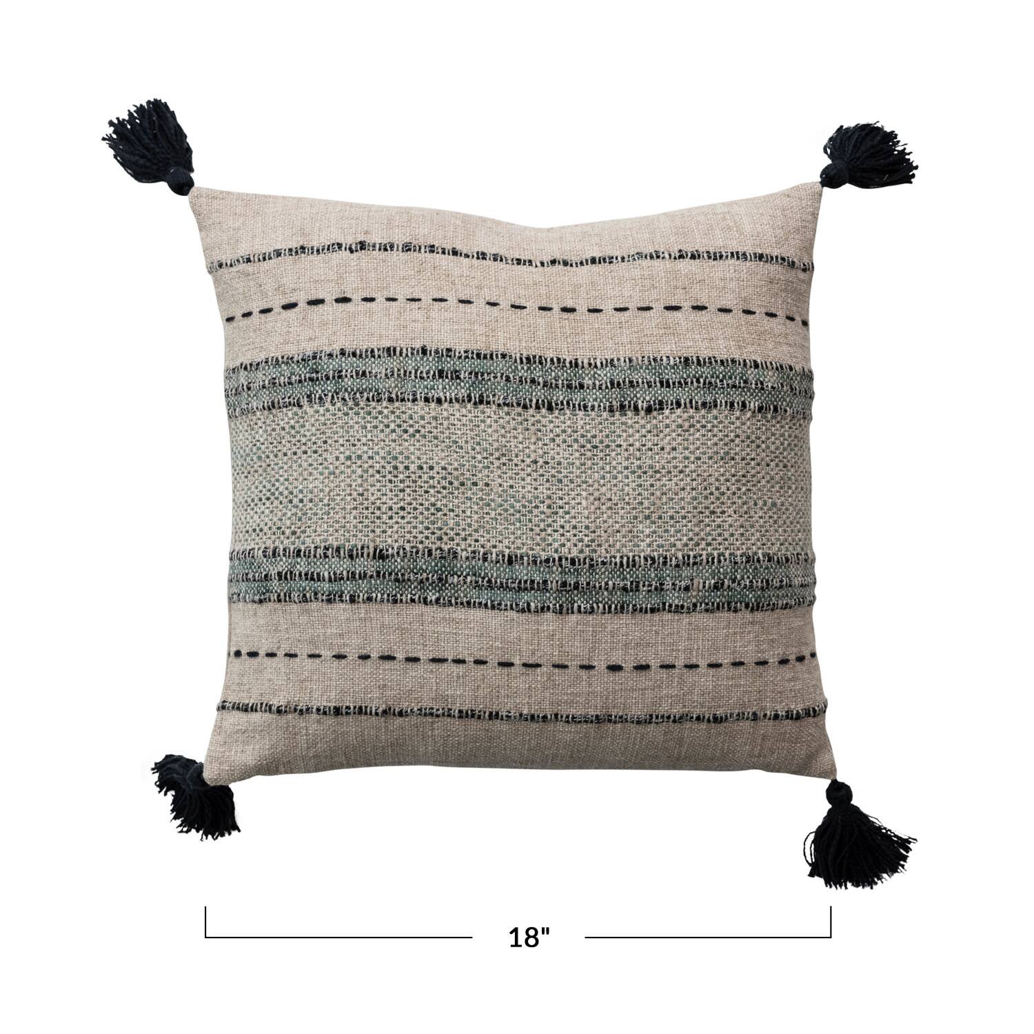 Hello Honey® Hand-Embroidered Stripes Cotton & Linen Blend Pillow with Tassels