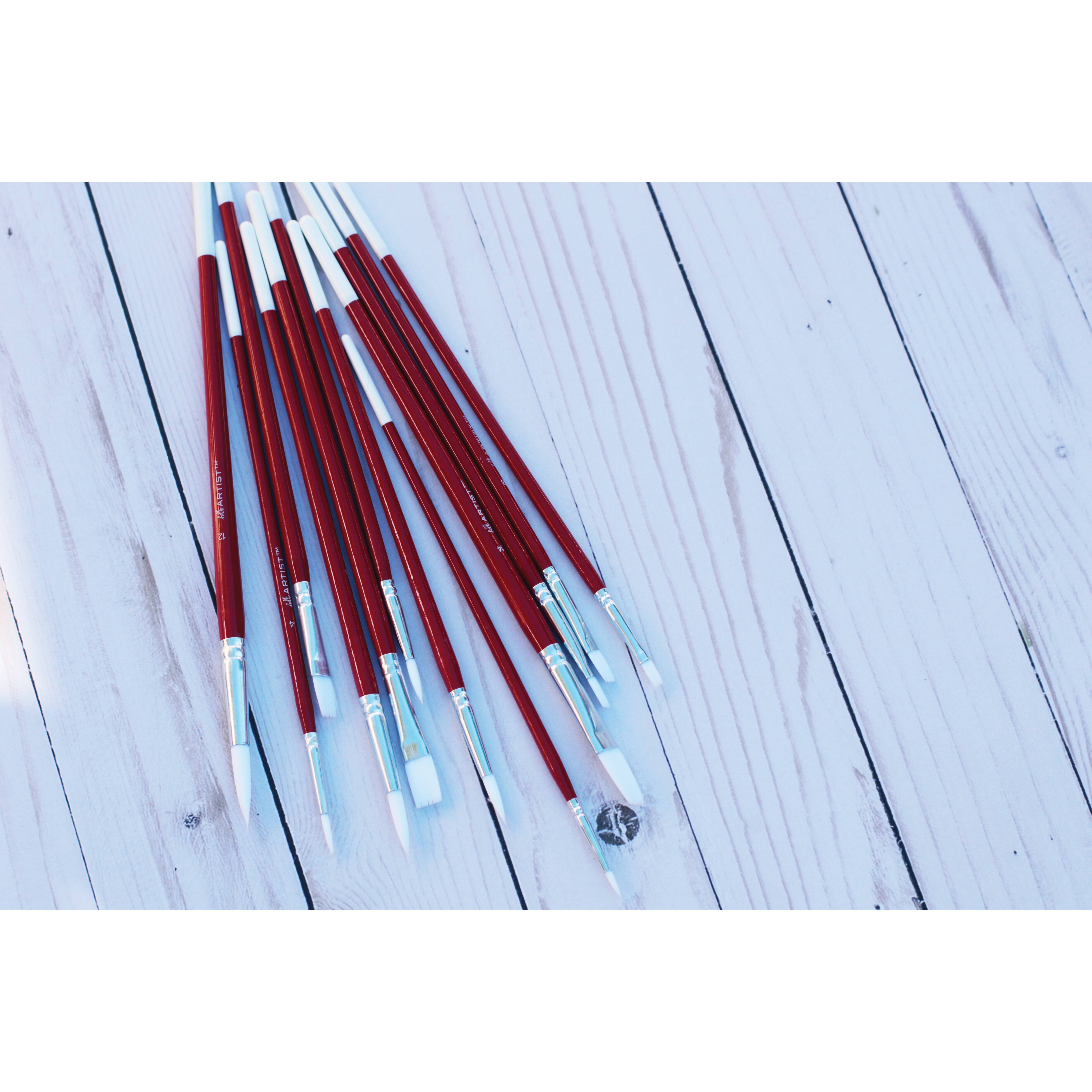 Hello, Artist! Long Handle White Taklon Flats & Rounds 12 Piece Brush Set