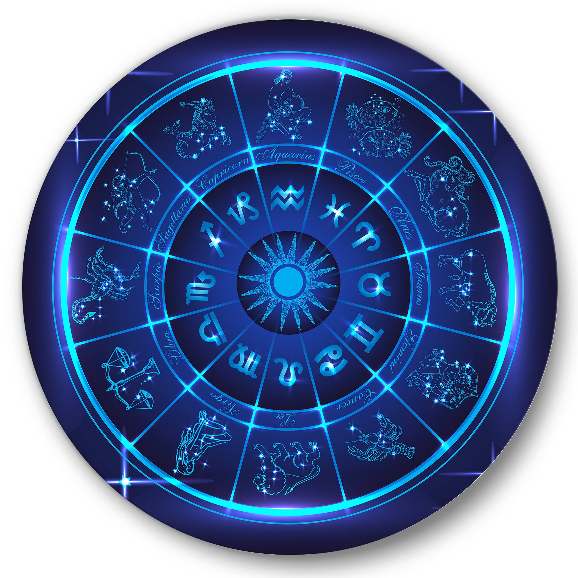 Designart - Neon Deep Blue Horoscope Circle With Zodiac Signs - Modern Metal Circle Wall Art