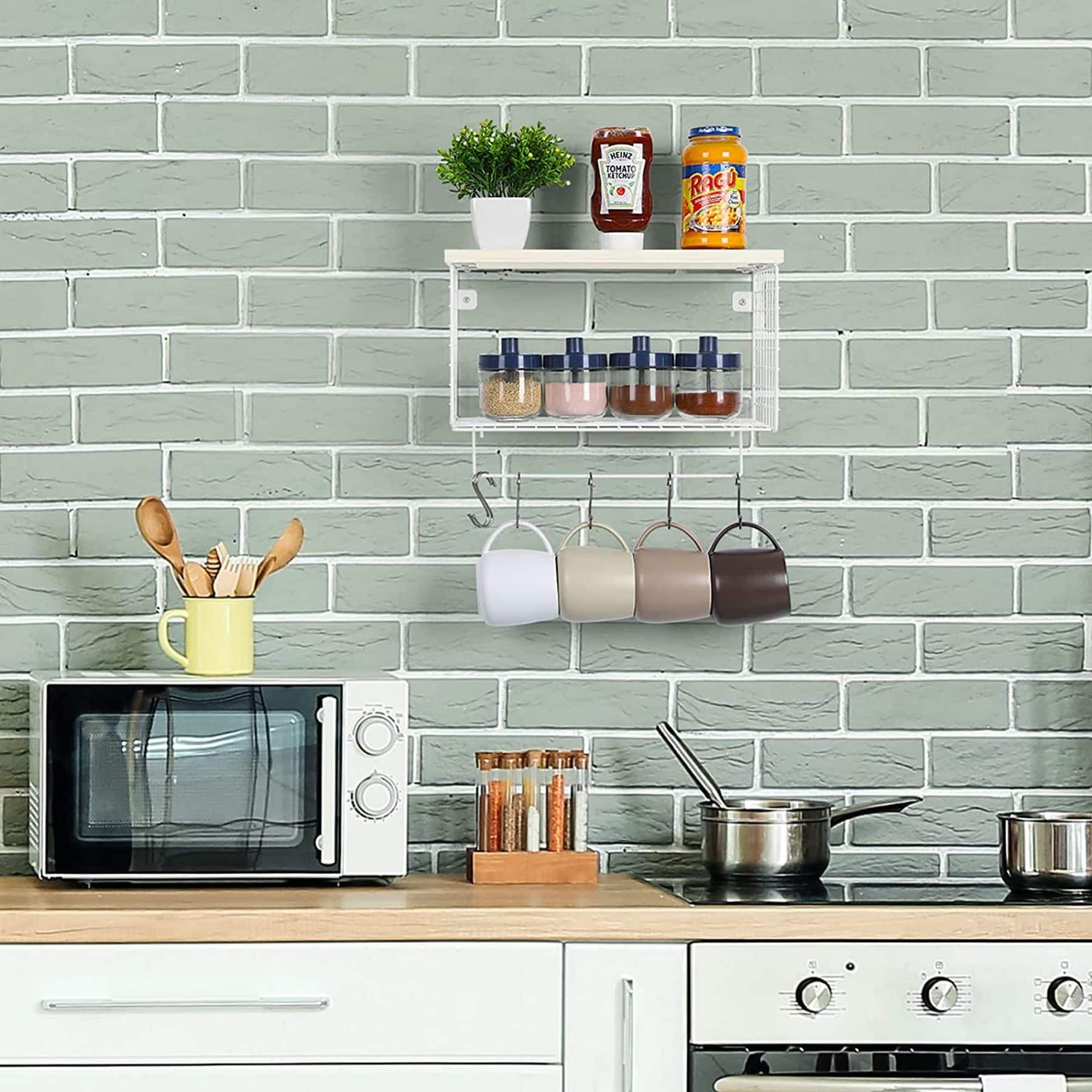 Wood & Metal Wall Mounted Bathroom Towel Rack with 6 Hooks