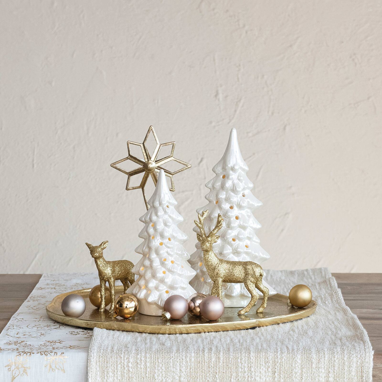 Hello Honey® 10.25" Cream Stoneware LED Tree with Cut-Outs & Iridescent Finish
