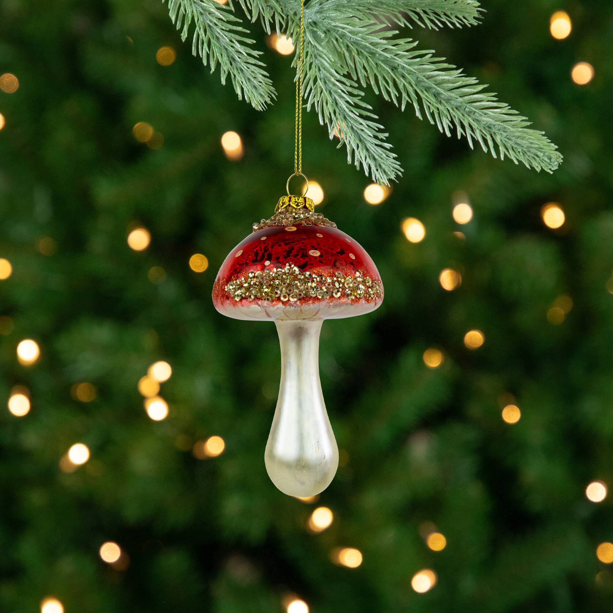 Sequined Mushroom Glass Christmas Ornament - 5" - Red and Gold Finish