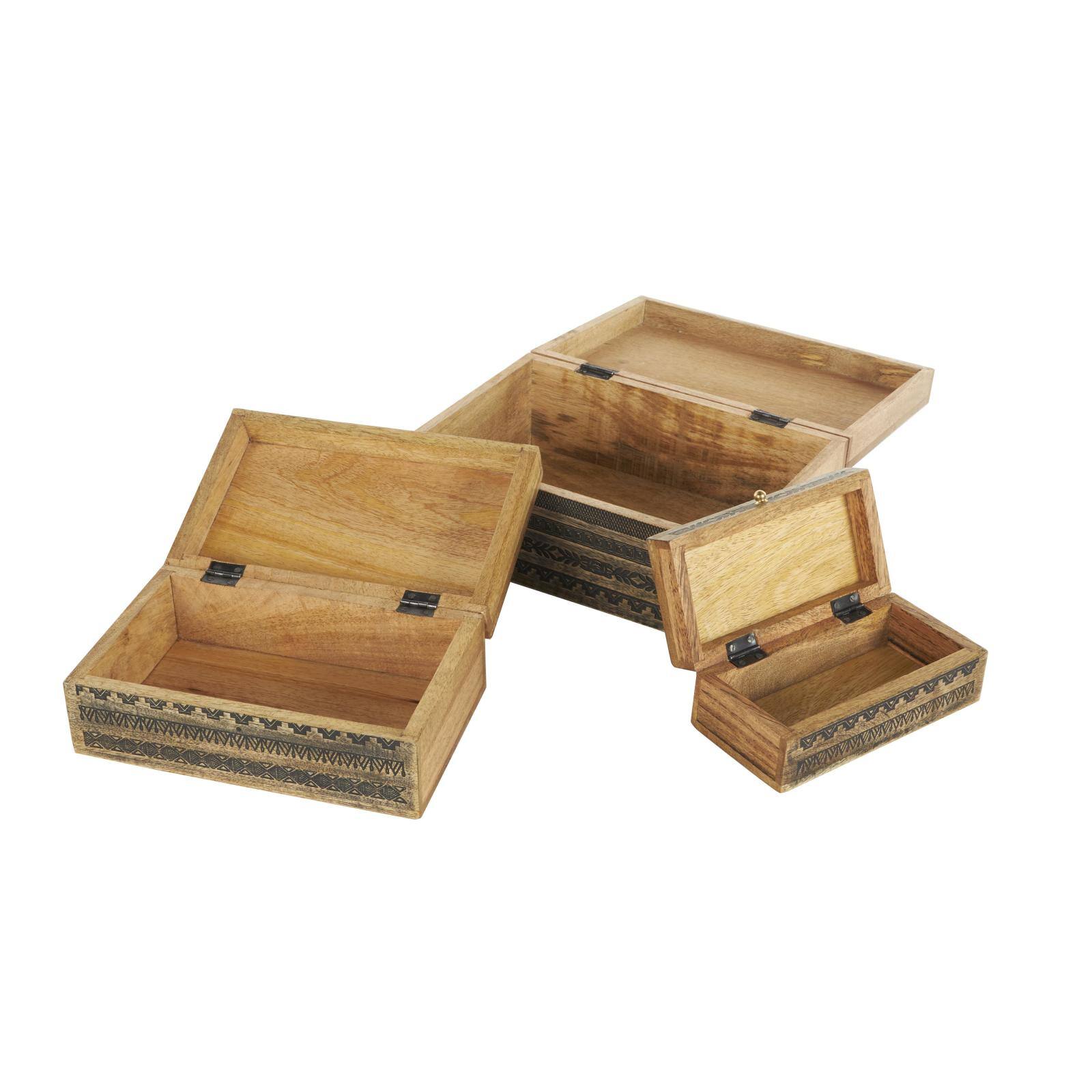 Brown Handmade Storage Box Set with Black Tribal Carvings &#x26; Gold Accents